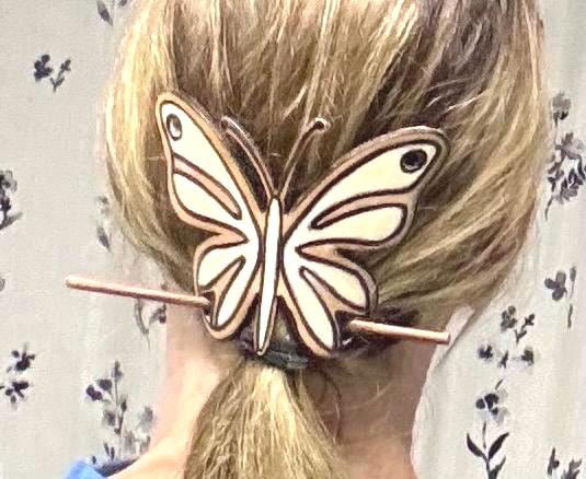 Hand-Painted Butterfly Leather Hair Slide with Wood Stick; Leather Hair Barrettes