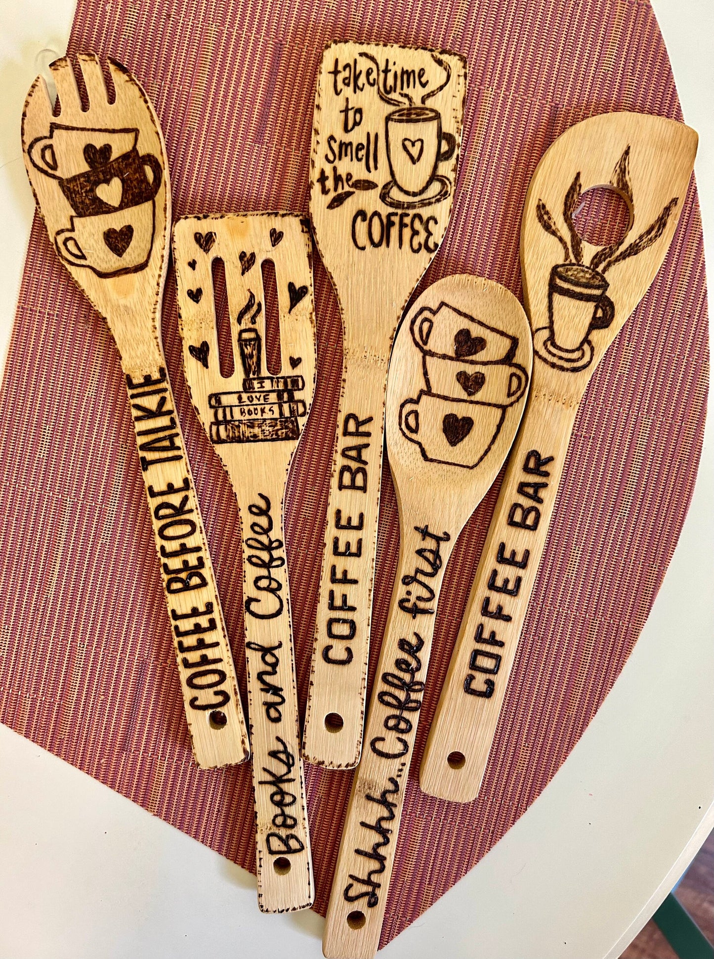 Custom Engraved Bamboo Cooking Utensil Set: Hand-Burned Coffee Design