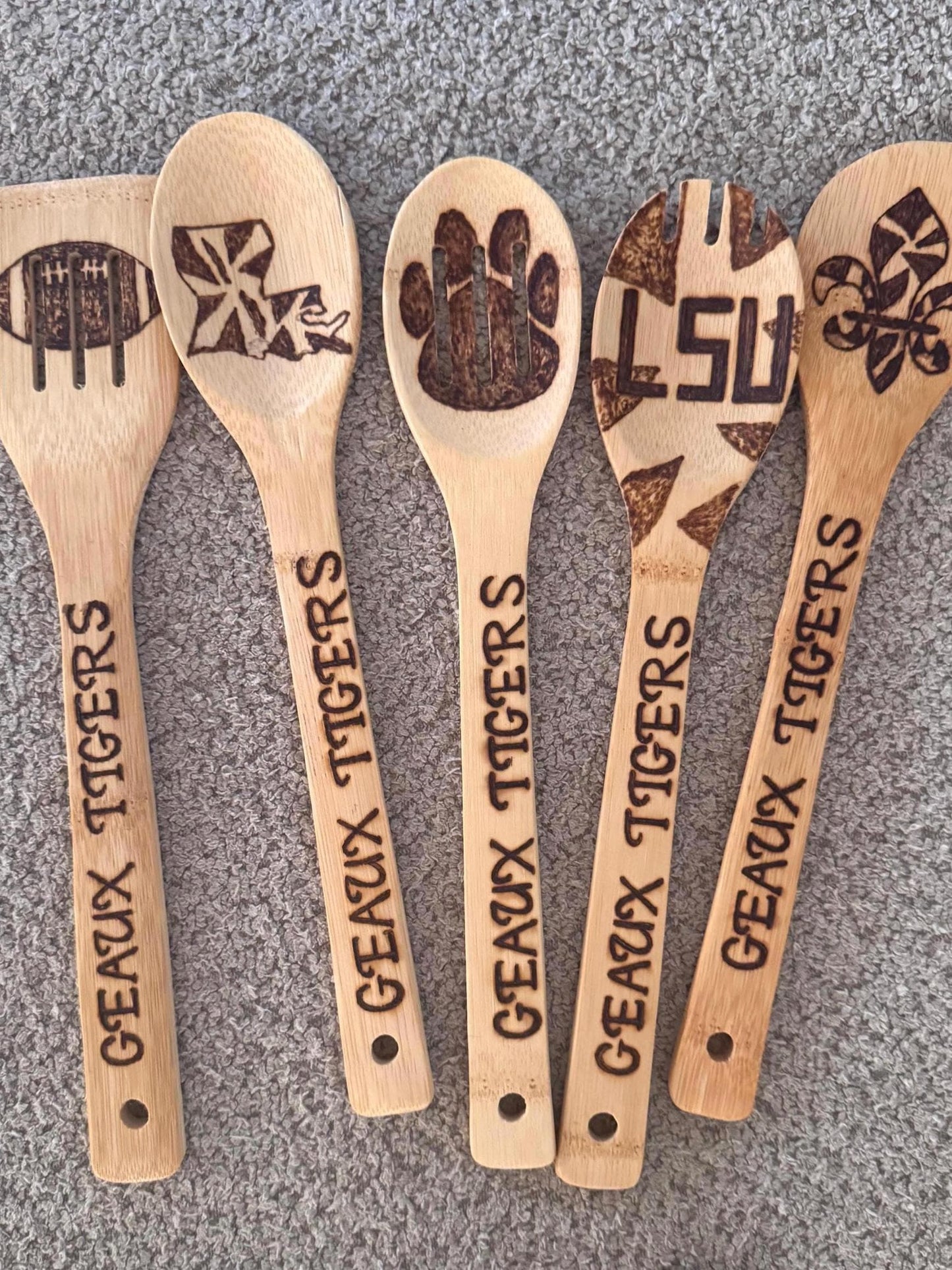 LSU-Inspired Utensil Set: Custom Engraved Bamboo Cooking Utensil 5 Pc Set With Optional Personalization