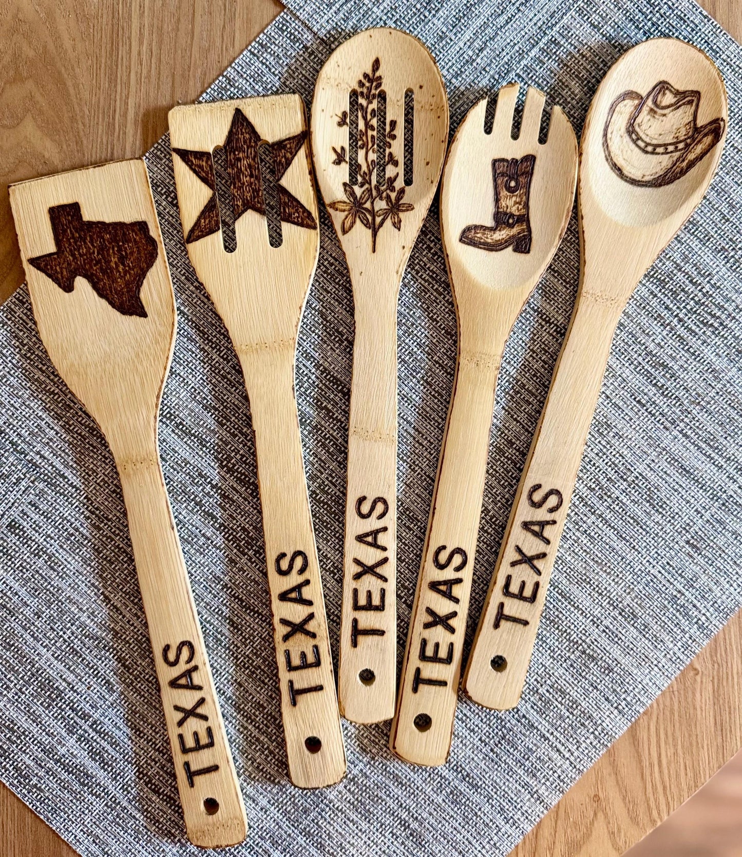 Custom Texas-Inspired Bamboo Cooking Utensil 5 Pc Set With Optional Personalization