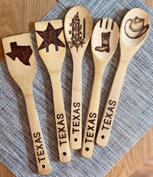 Custom Texas-Inspired Bamboo Cooking Utensil 5 Pc Set With Optional Personalization
