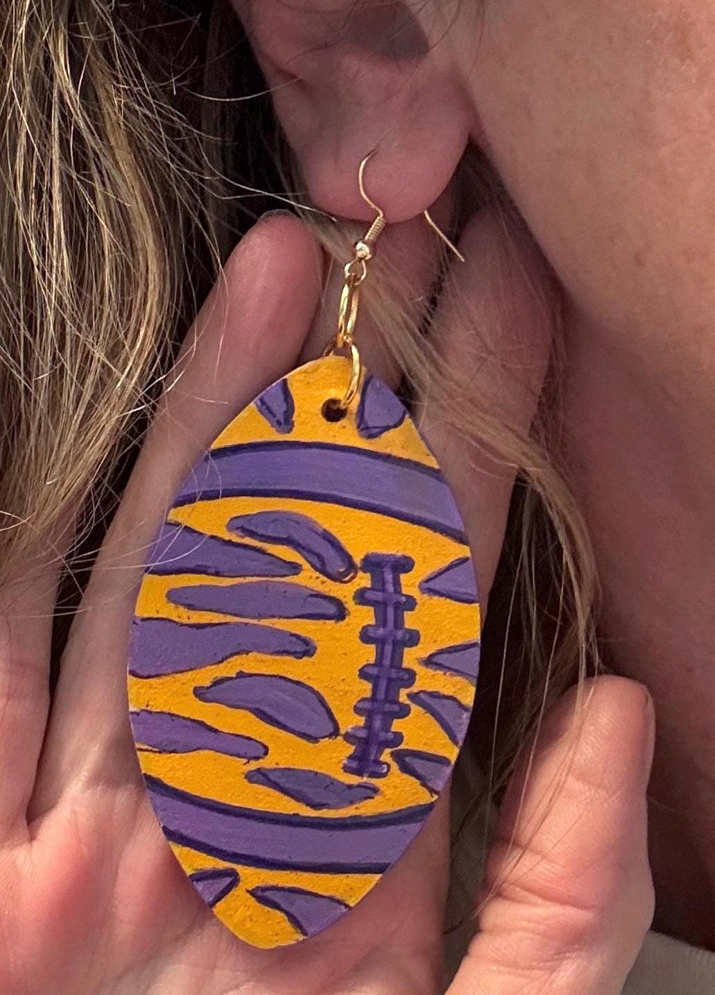 LSU-Themed Purple And Gold Football Shaped Wooden Earrings
