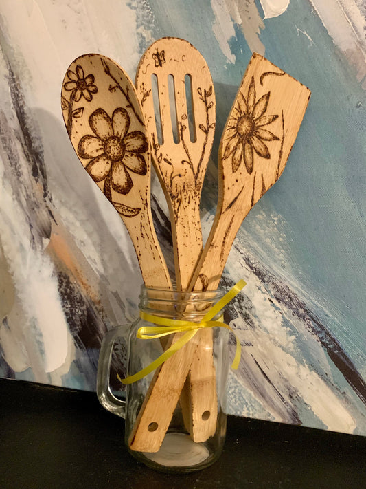 Hand-Engraved Floral Bamboo Cooking Utensil Set With Optional Personalization, Unique Kitchen Gift Set