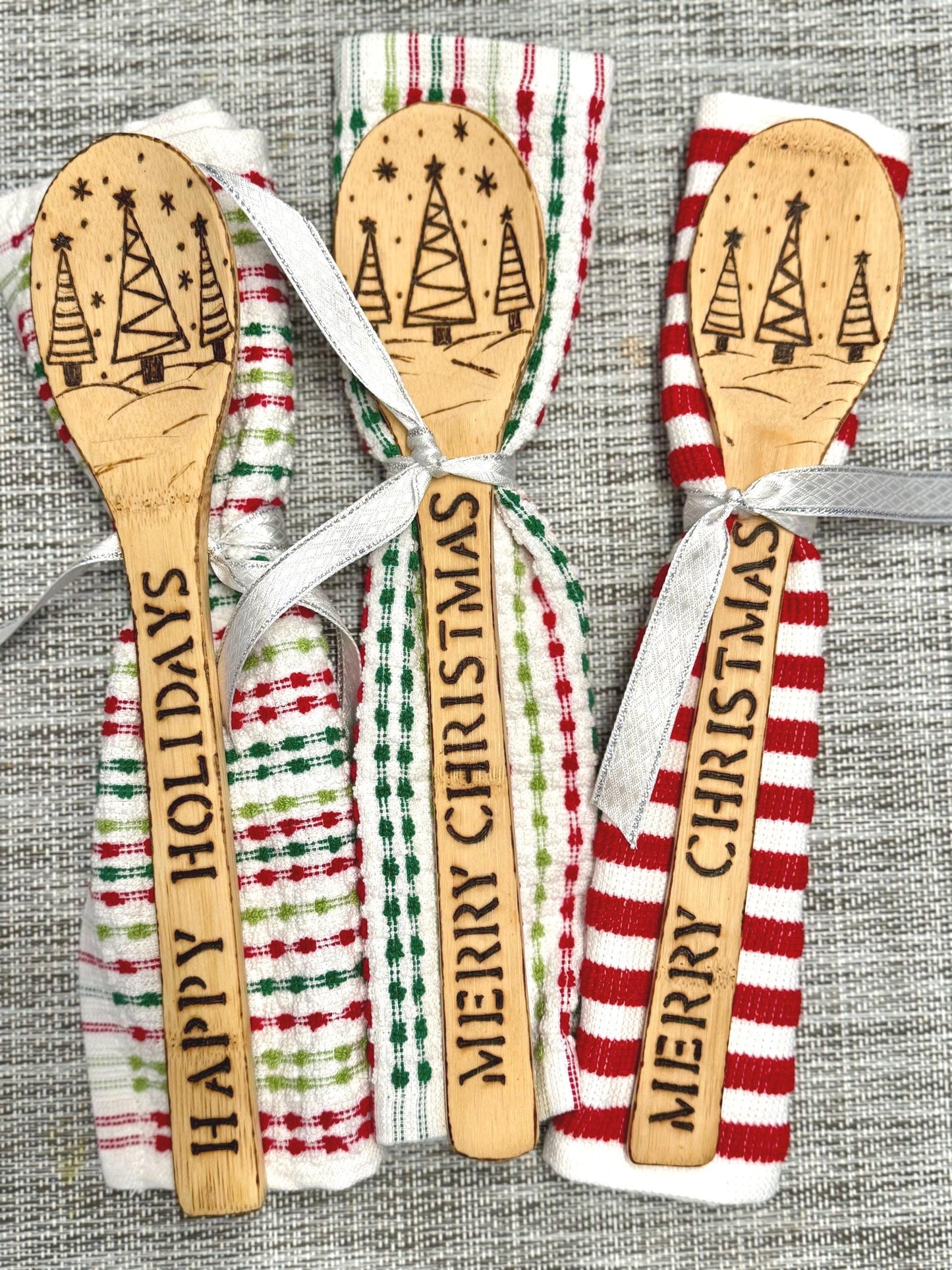 Personalized Christmas Kitchen Gift Set: Wood Burned Spoon & Dish Towel