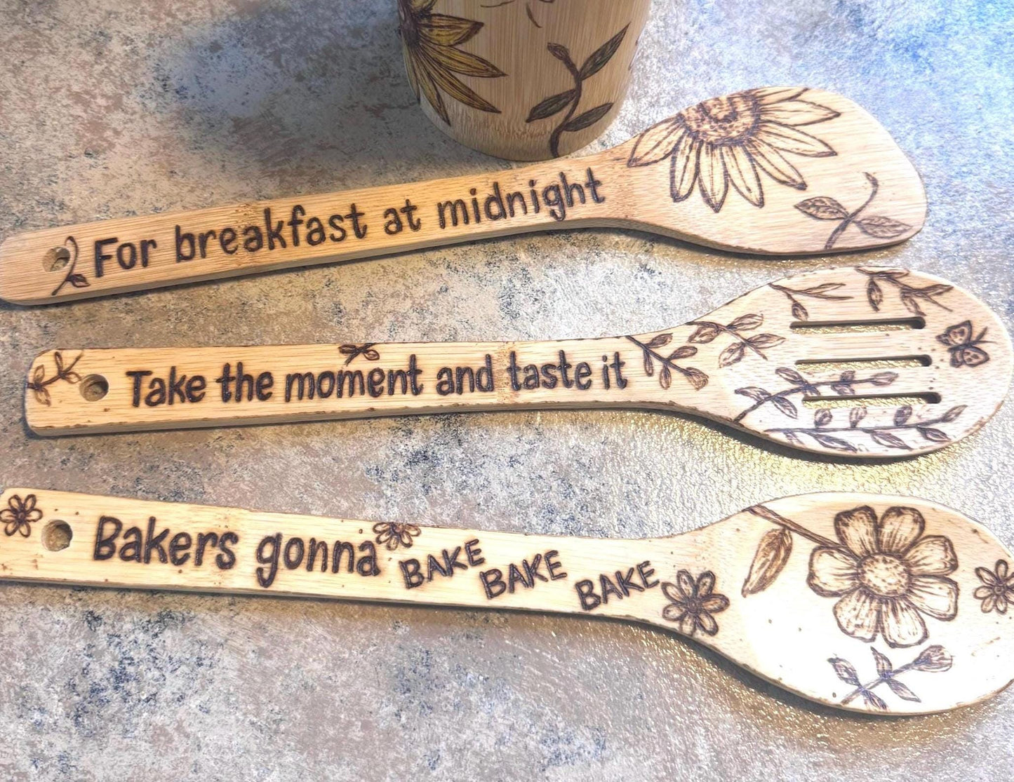 Hand-Engraved Floral Bamboo Cooking Utensil Set With Optional Personalization, Unique Kitchen Gift Set