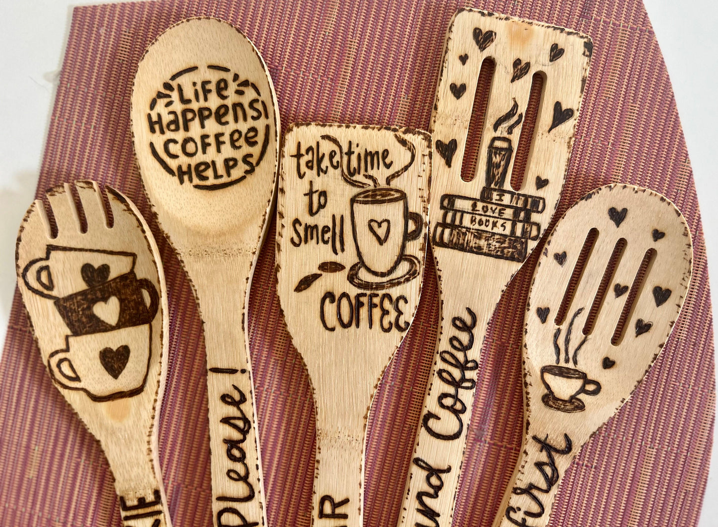 Custom Engraved Bamboo Cooking Utensil Set: Hand-Burned Coffee Design