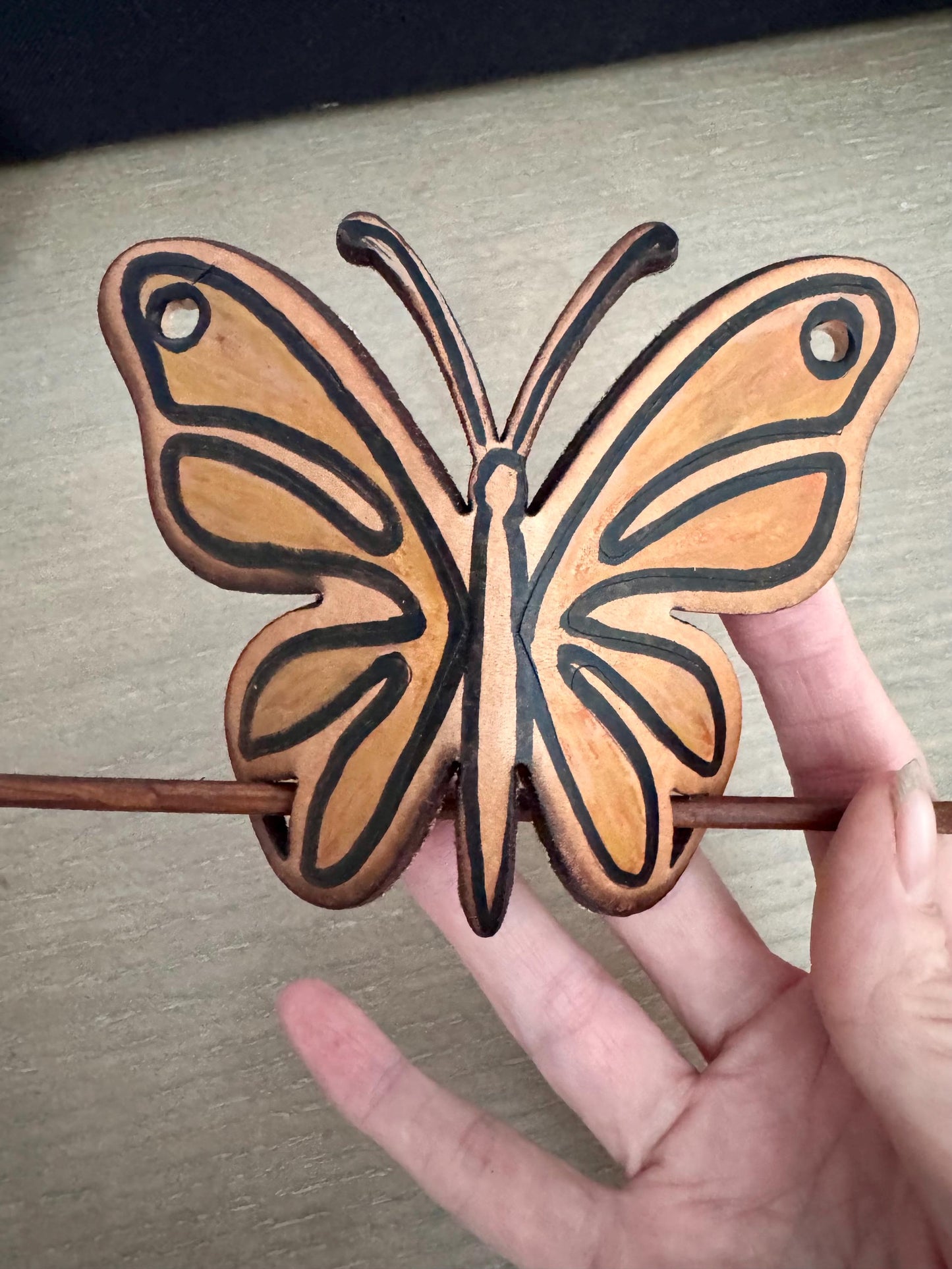 Hand-Painted Butterfly Leather Hair Slide with Wood Stick; Leather Hair Barrettes
