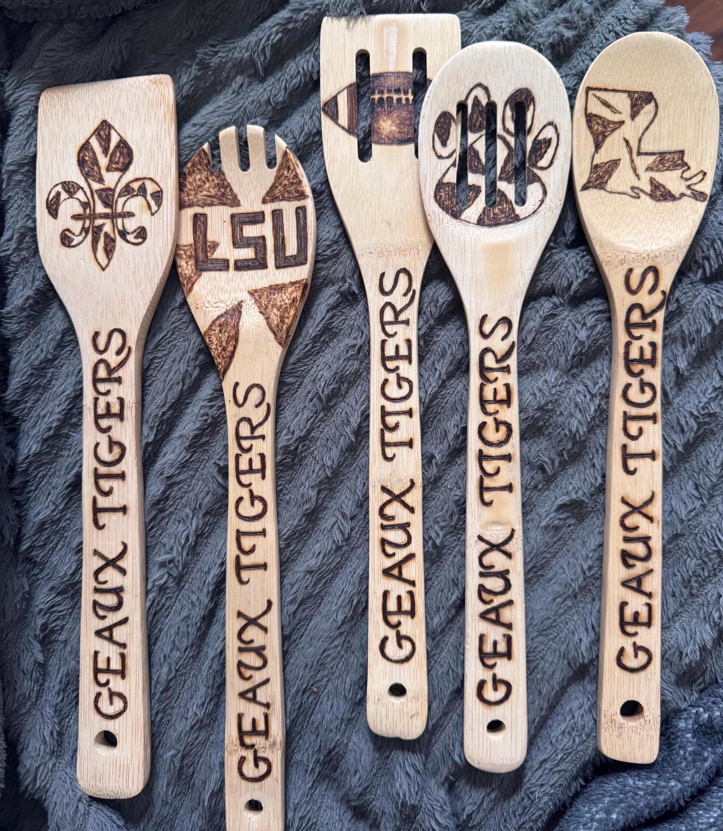 LSU-Inspired Utensil Set: Custom Engraved Bamboo Cooking Utensil 5 Pc Set With Optional Personalization