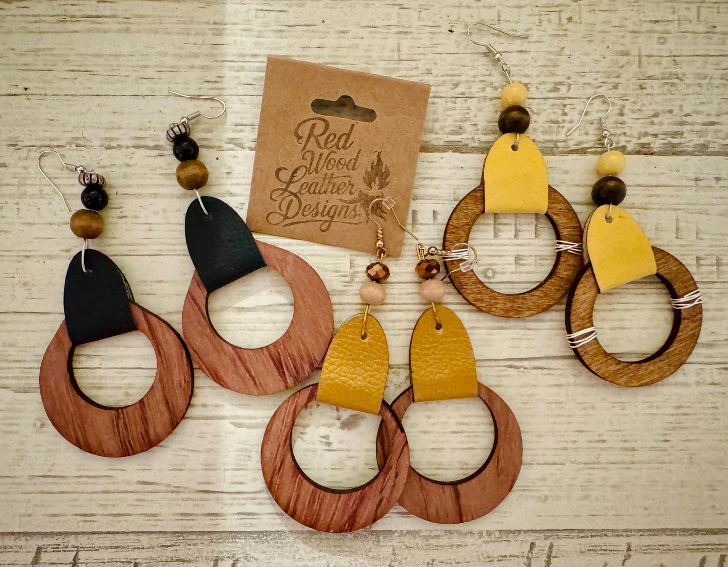 Handmade Wood Hoop Earrings: Boho Leather & Bead Dangle Earrings
