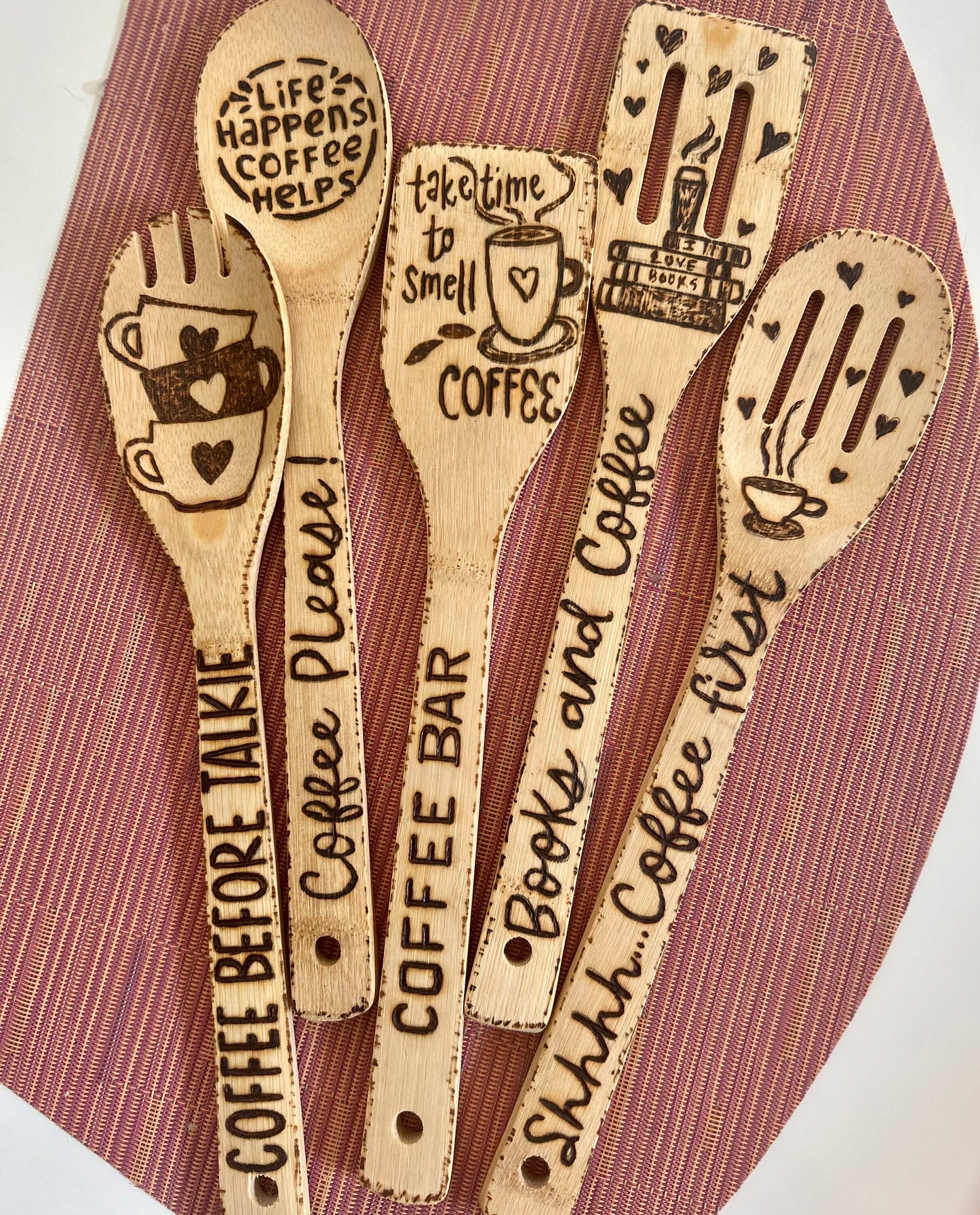 Custom Engraved Bamboo Cooking Utensil Set: Hand-Burned Coffee Design