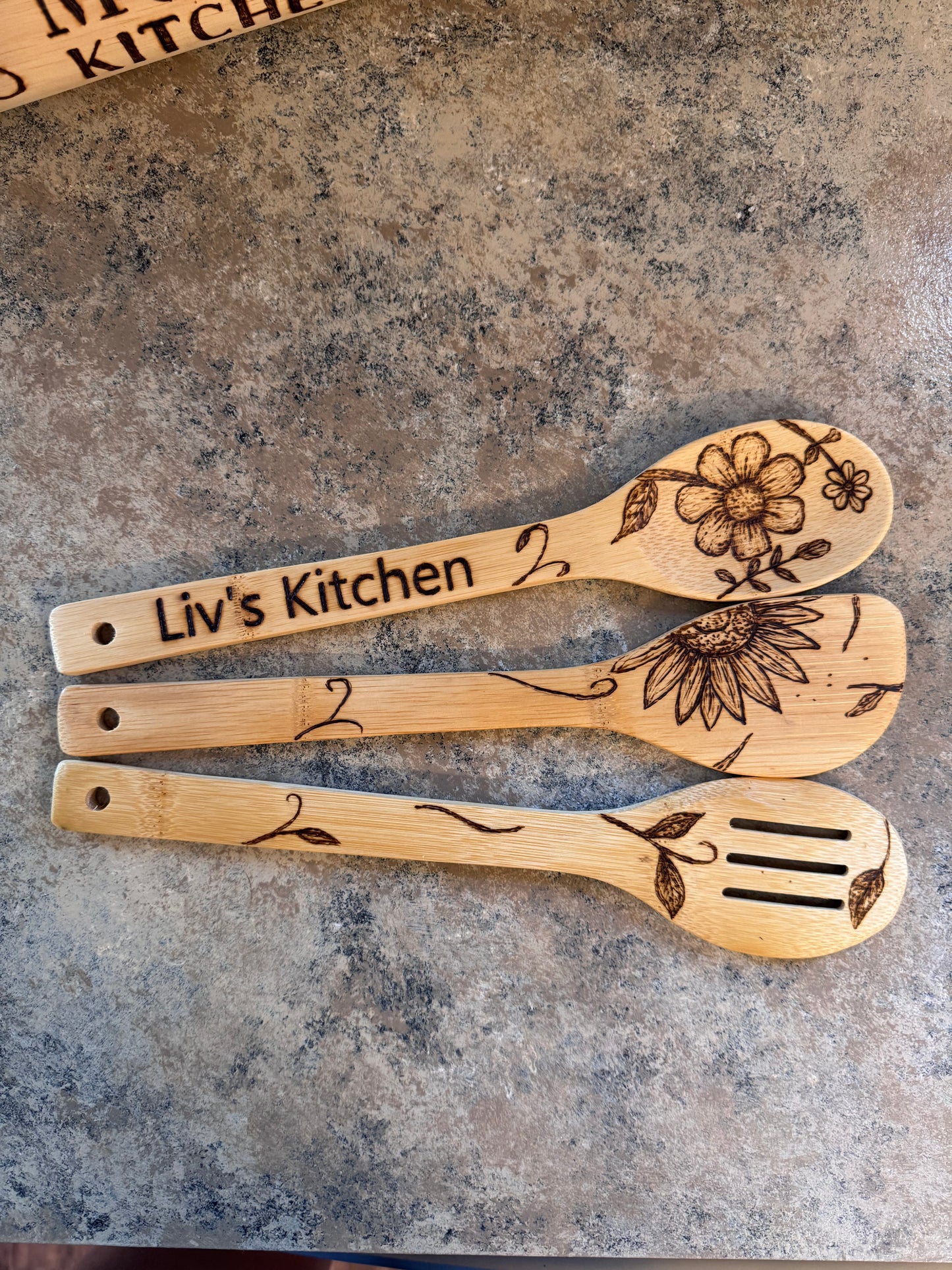 Custom Engraved Floral Bamboo Cooking Utensil 3 Pc Set With Optional Personalization