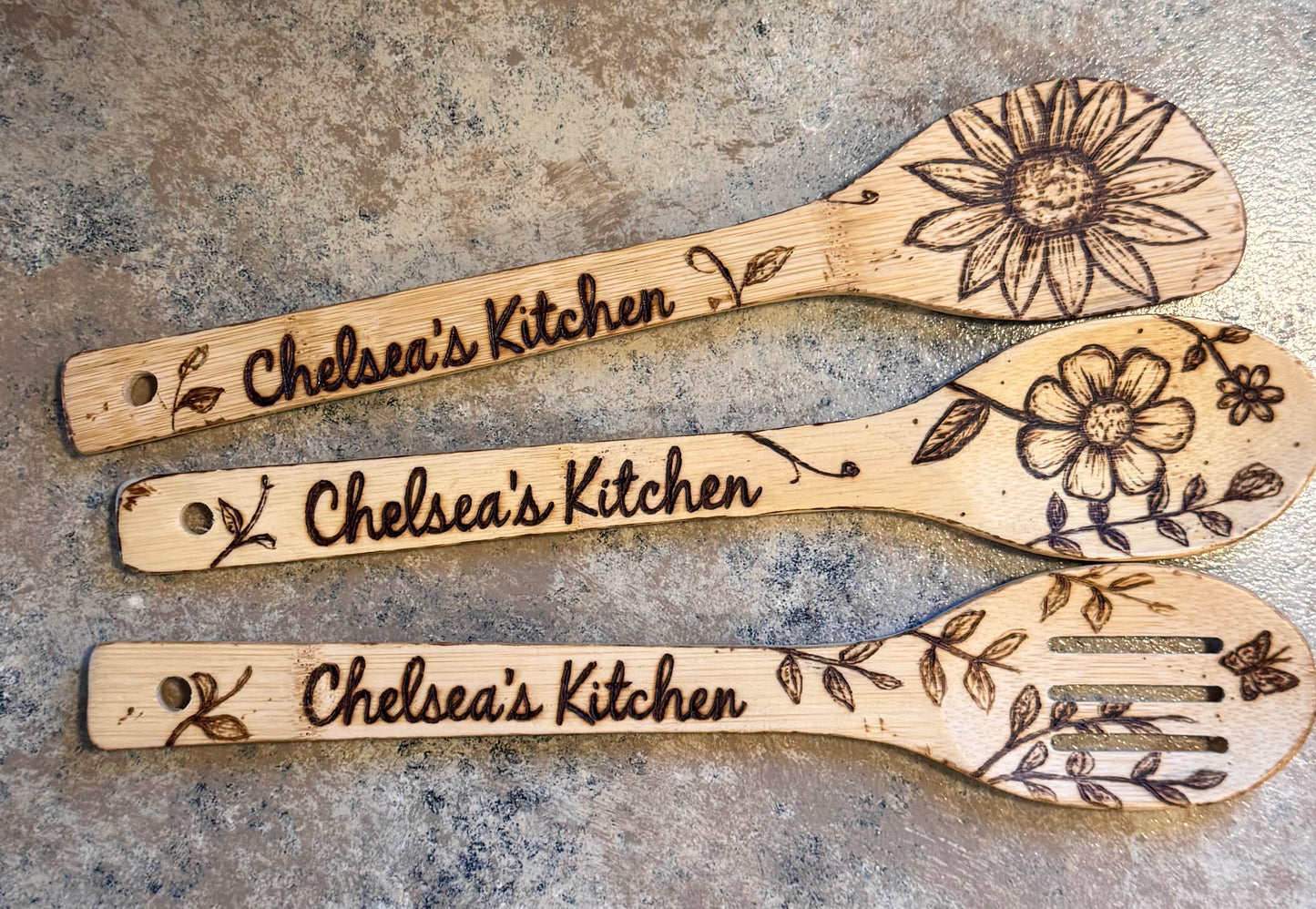 Custom Engraved Floral Bamboo Cooking Utensil 3 Pc Set With Optional Personalization