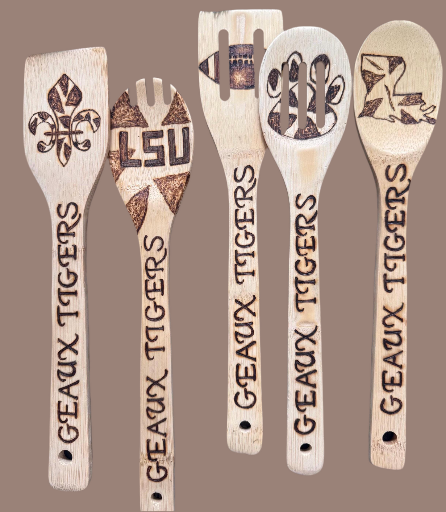 LSU-Inspired Utensil Set: Custom Engraved Bamboo Cooking Utensil 5 Pc Set With Optional Personalization