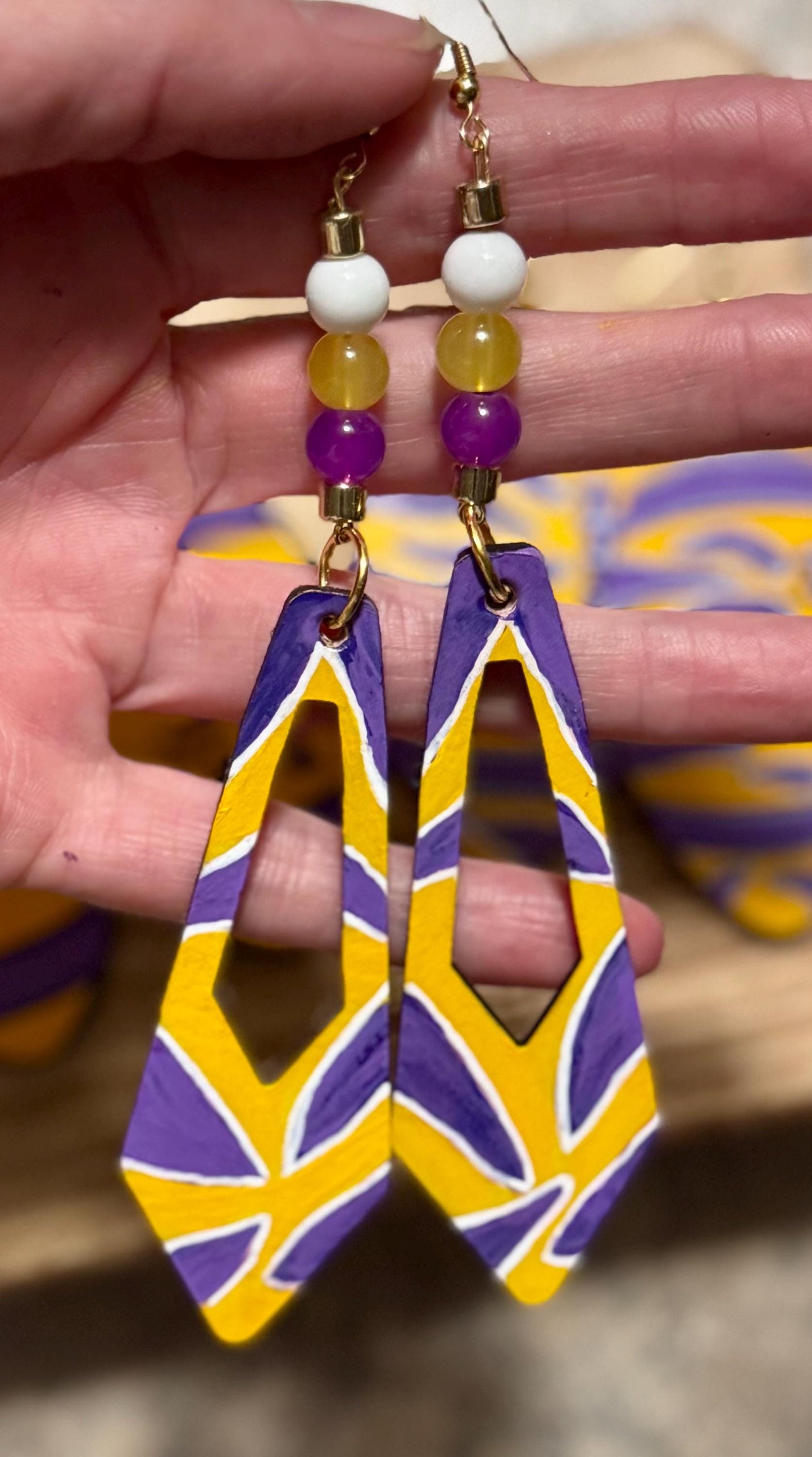 LSU Hand-Painted Purple And Gold Leather Dangle Earrings