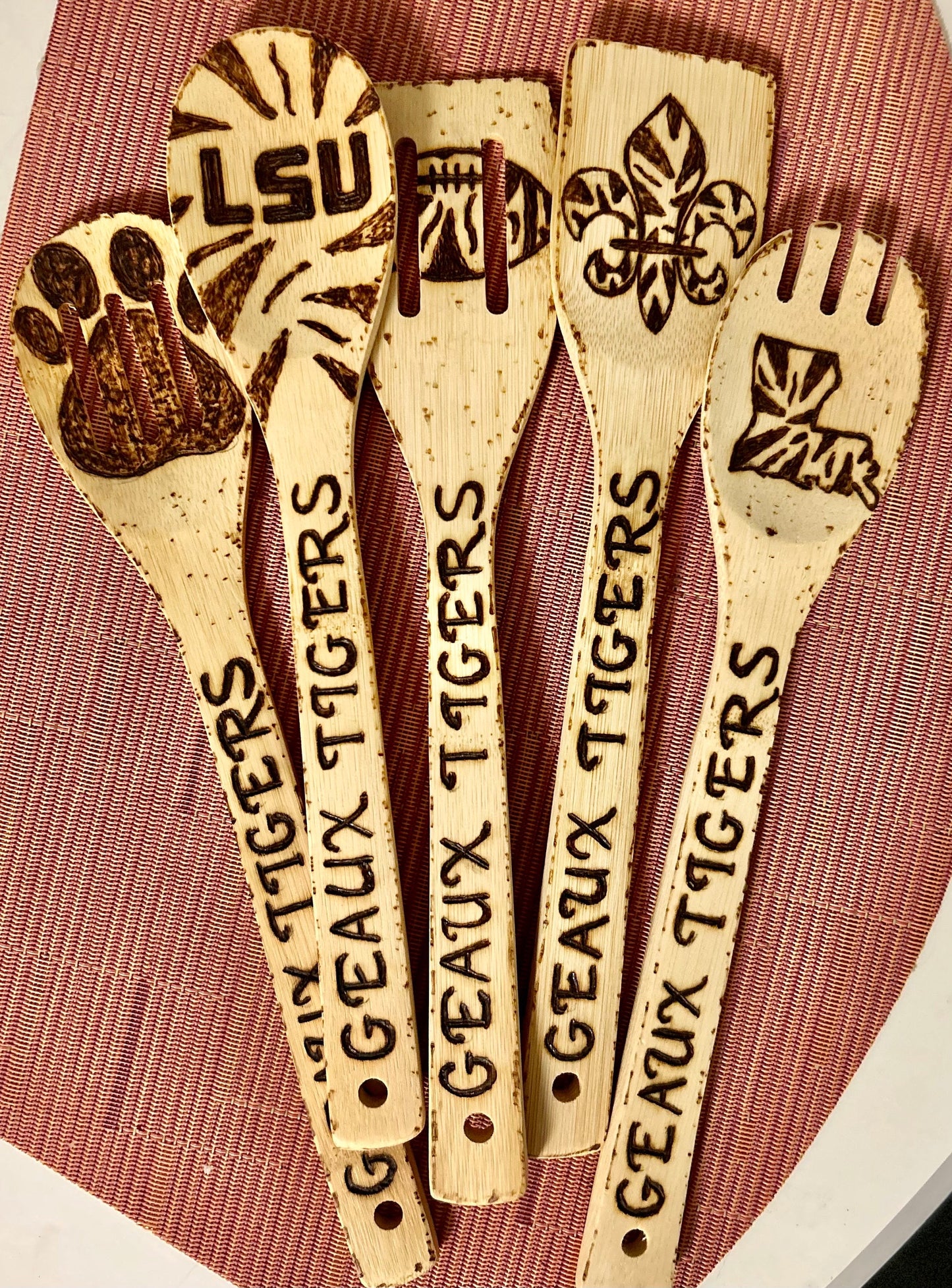 LSU-Inspired Utensil Set: Custom Engraved Bamboo Cooking Utensil 5 Pc Set With Optional Personalization