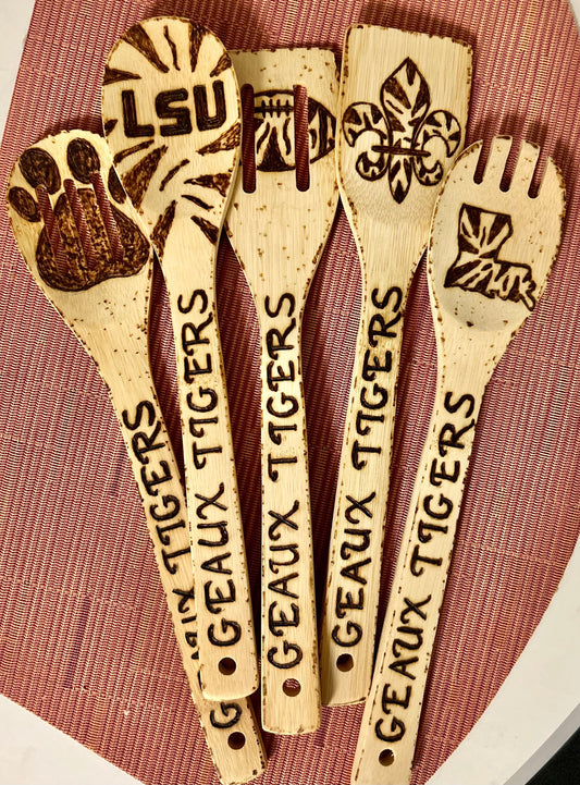 LSU-Inspired Utensil Set: Custom Engraved Bamboo Cooking Utensil 5 Pc Set With Optional Personalization