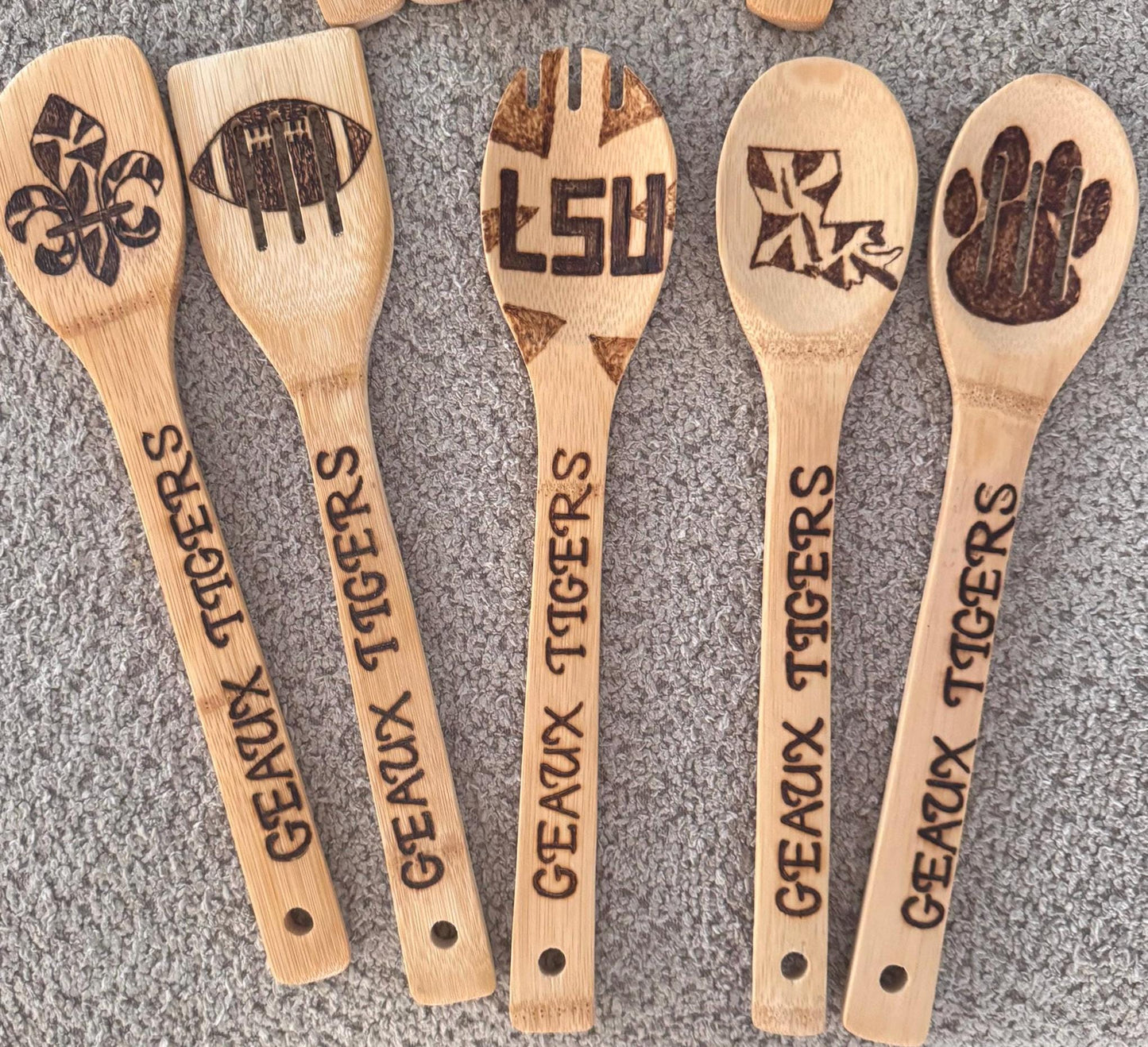 LSU-Inspired Utensil Set: Custom Engraved Bamboo Cooking Utensil 5 Pc Set With Optional Personalization