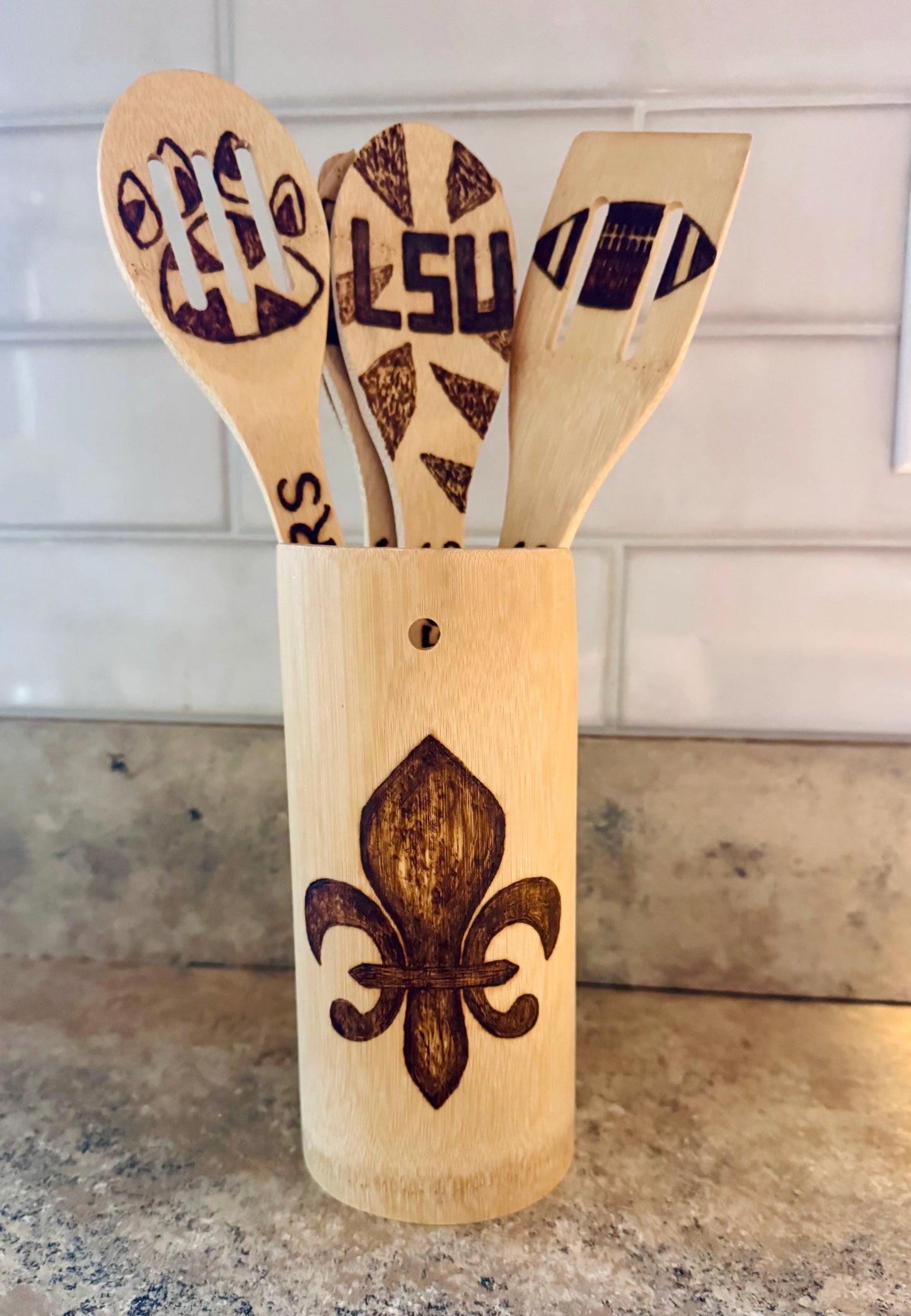 LSU-Inspired Utensil Set: Custom Engraved Bamboo Cooking Utensil 5 Pc Set With Optional Personalization