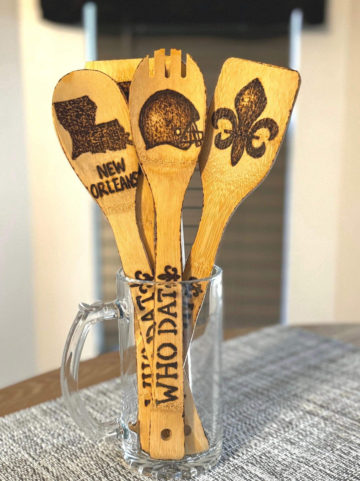 Custom Engraved Bamboo Cooking Utensil Set, New Orleans Saints Theme