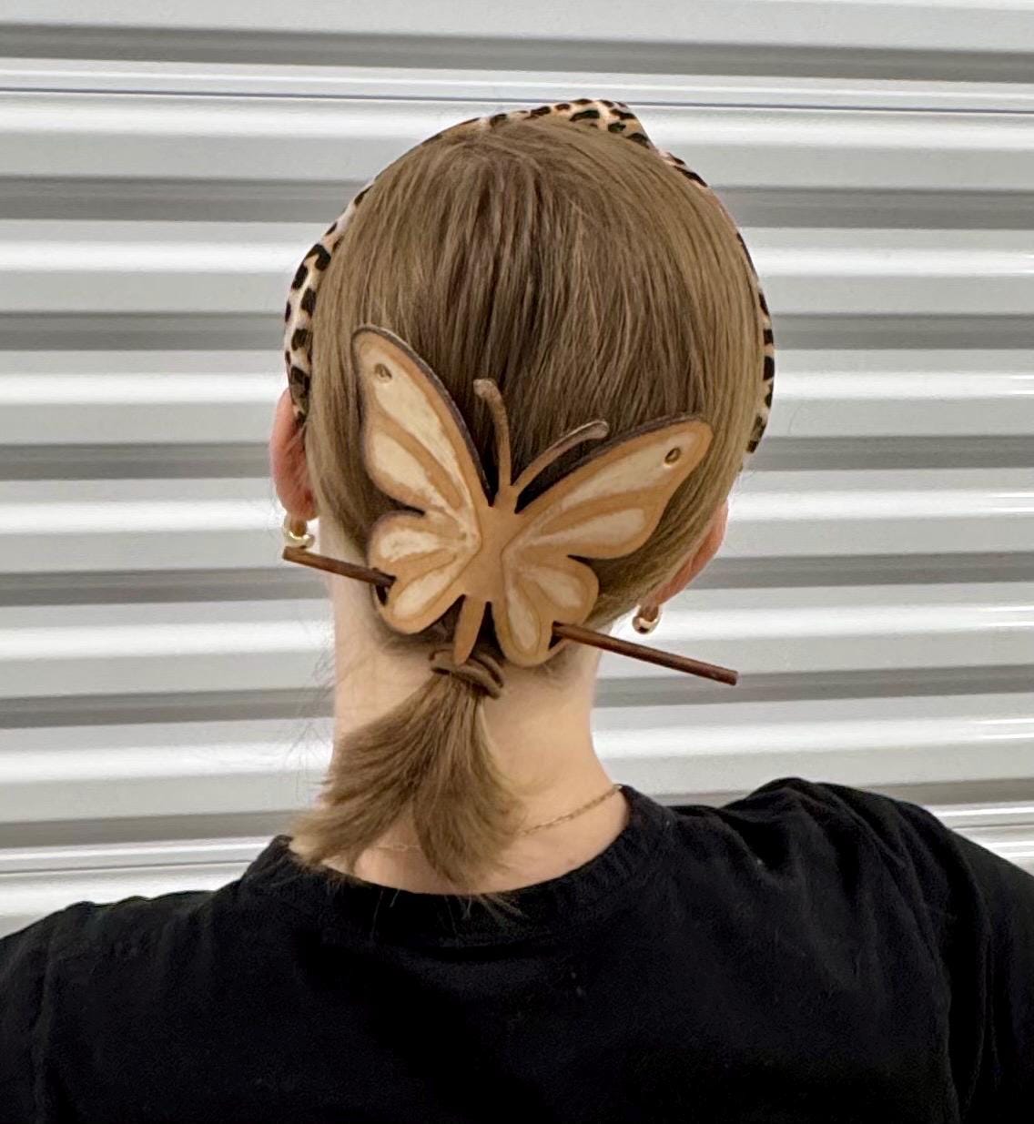 Hand-Painted Butterfly Leather Hair Slide with Wood Stick; Leather Hair Barrettes