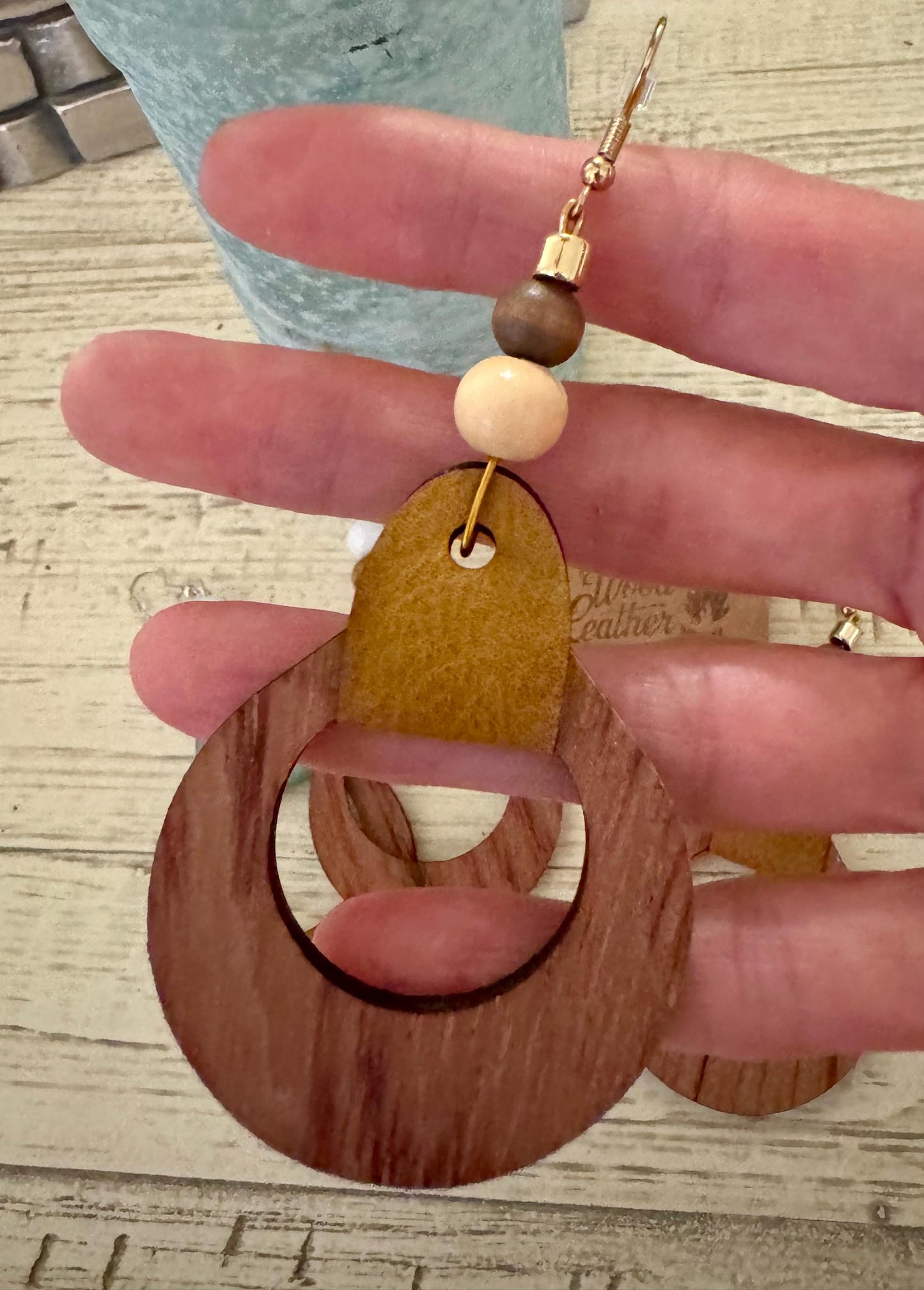 Handmade Wood Hoop Earrings: Boho Leather & Bead Dangle Earrings