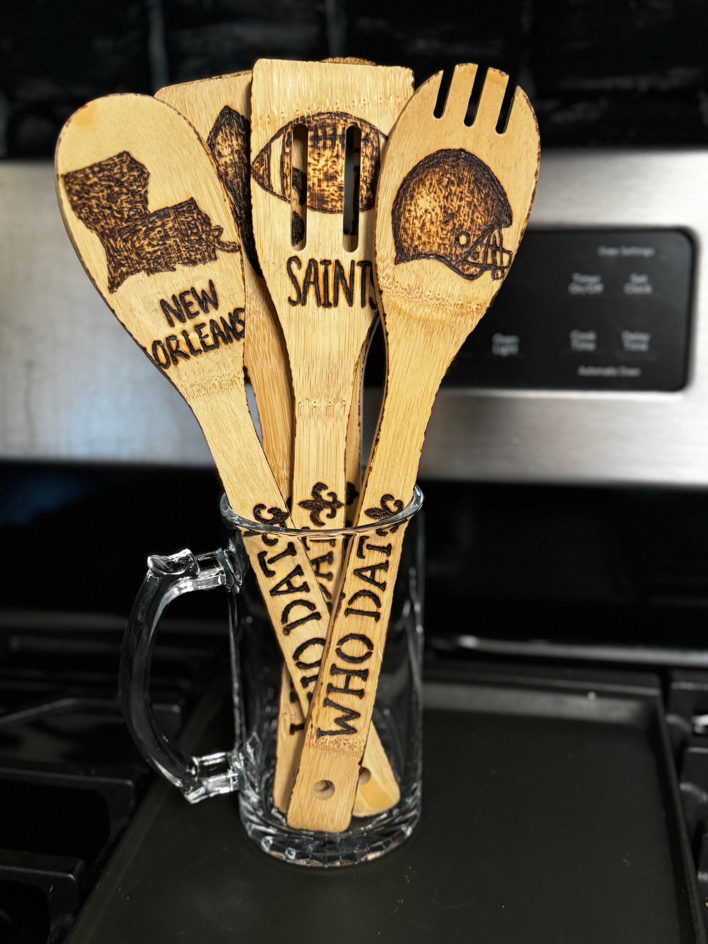 Custom Engraved Bamboo Cooking Utensil Set, New Orleans Saints Theme
