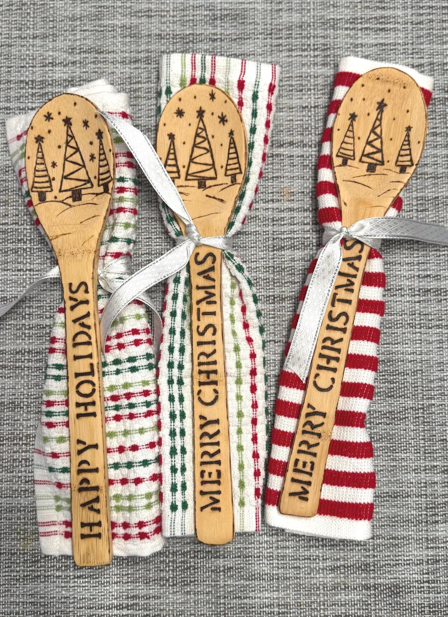 Personalized Christmas Kitchen Gift Set: Wood Burned Spoon & Dish Towel