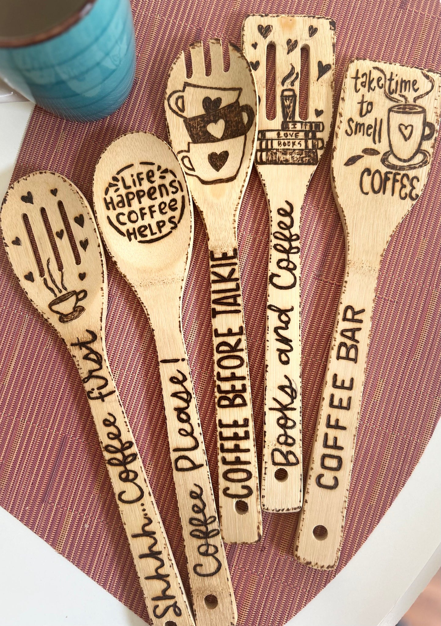 Custom Engraved Bamboo Cooking Utensil Set: Hand-Burned Coffee Design