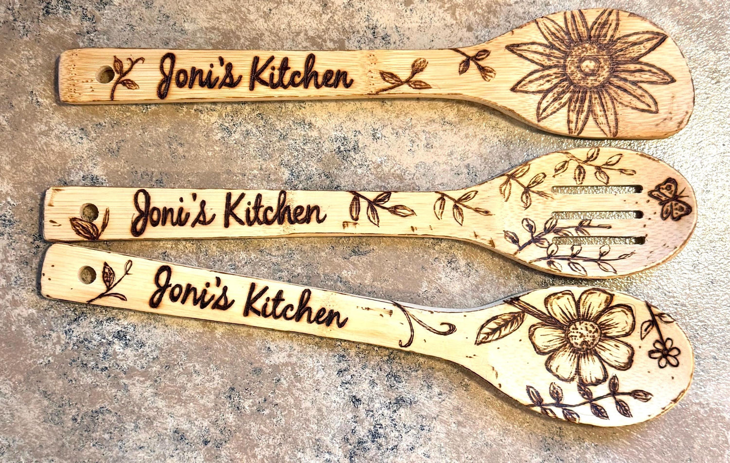 Personalized Hand-Engraved Bamboo Cooking Utensil 3 Piece Set, Custom Kitchen Gift Set, Wooden Cooking Utensils With Floral Engraved Design