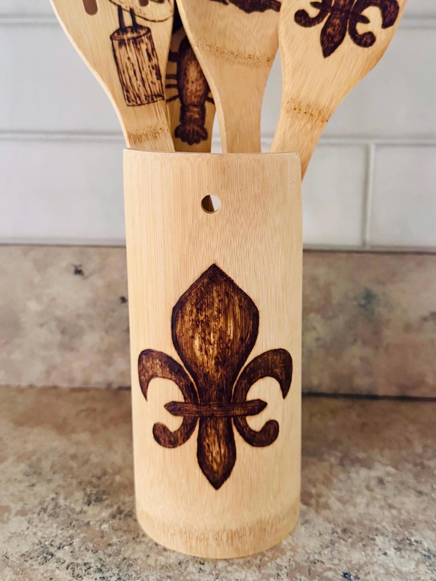 Custom Engraved Bamboo Cooking Utensil Set, New Orleans Saints Theme