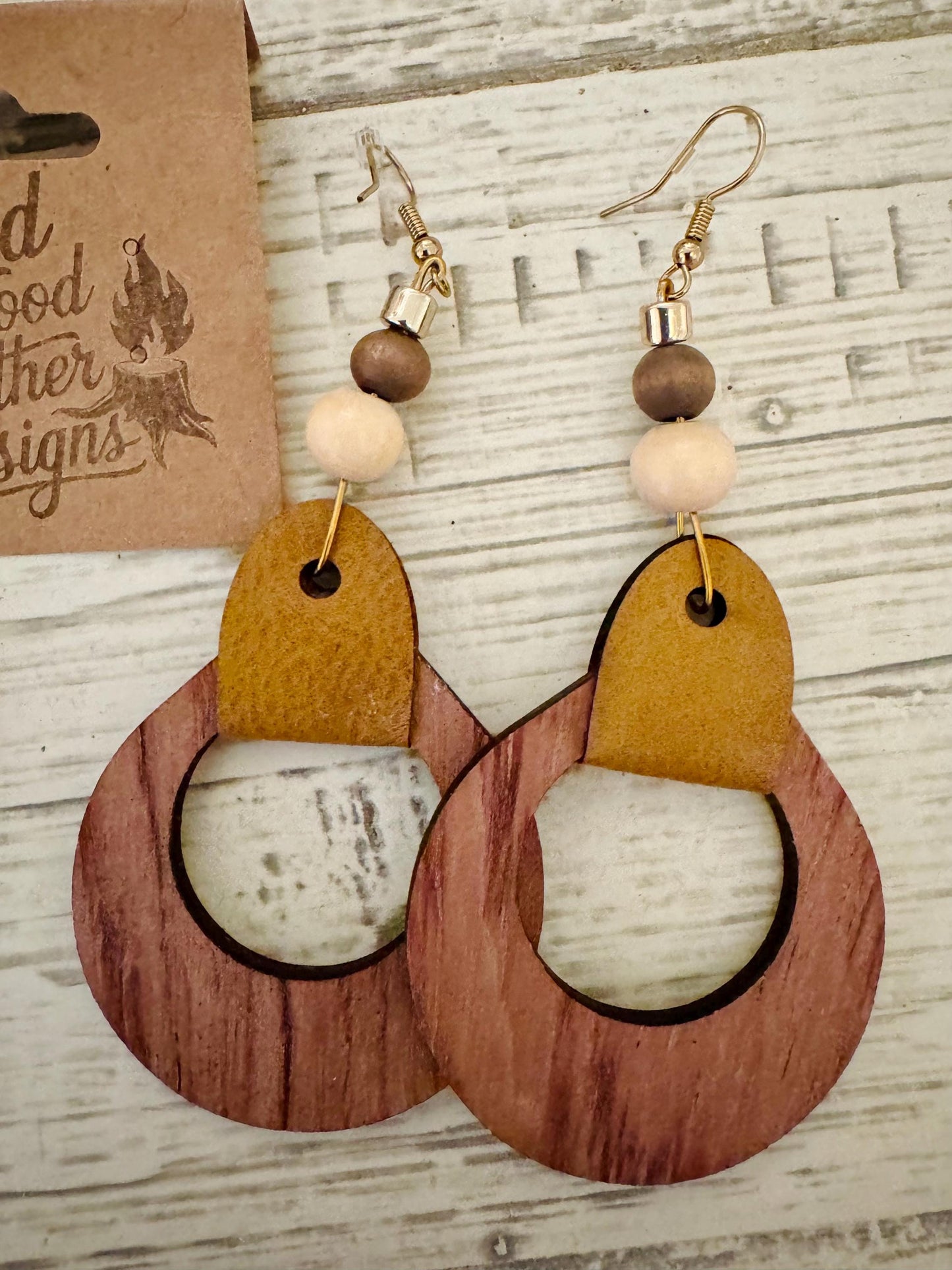 Handmade Wood Hoop Earrings: Boho Leather & Bead Dangle Earrings