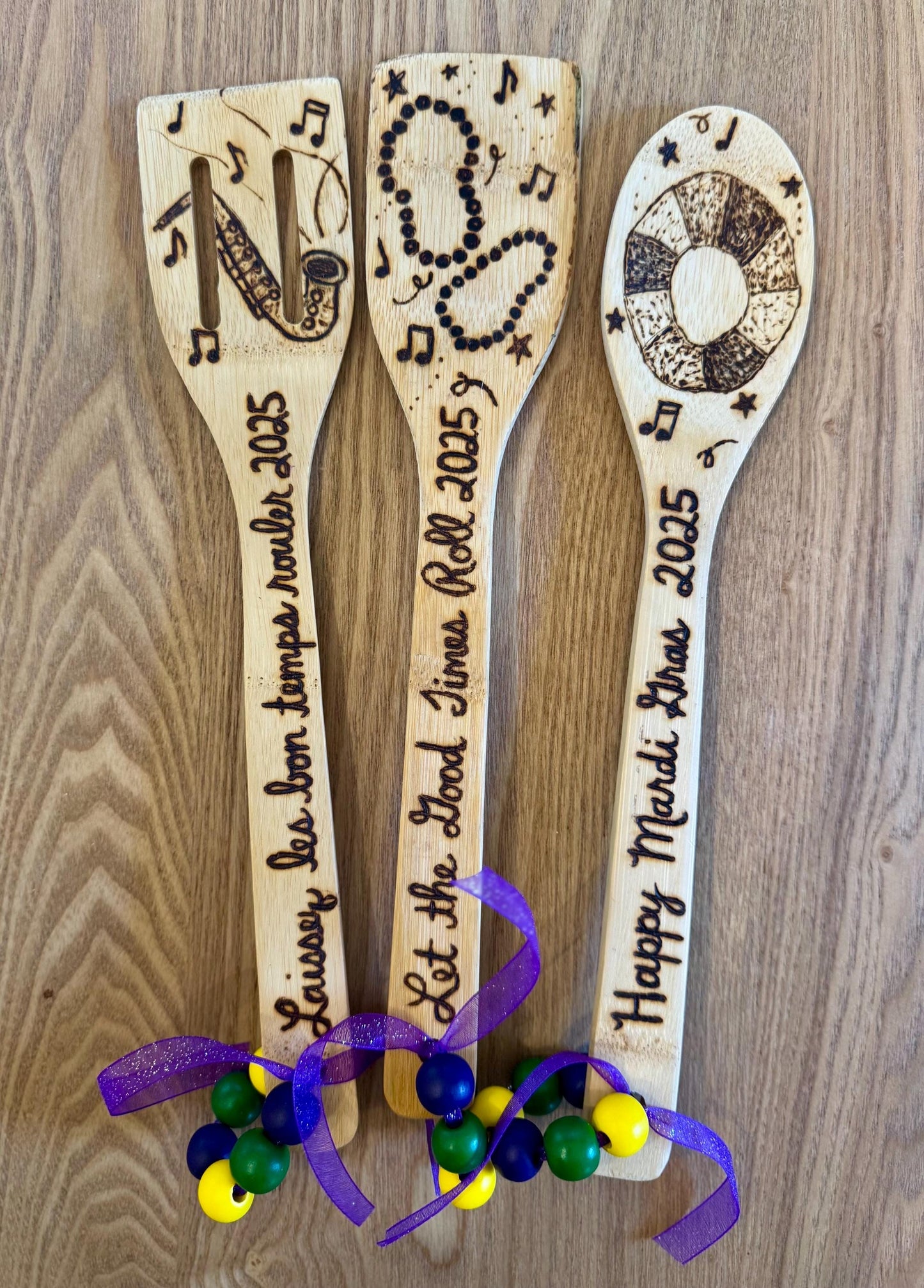 Mardi Gras Bamboo Utensil Set: Hand-Burned Louisiana Kitchen Decor