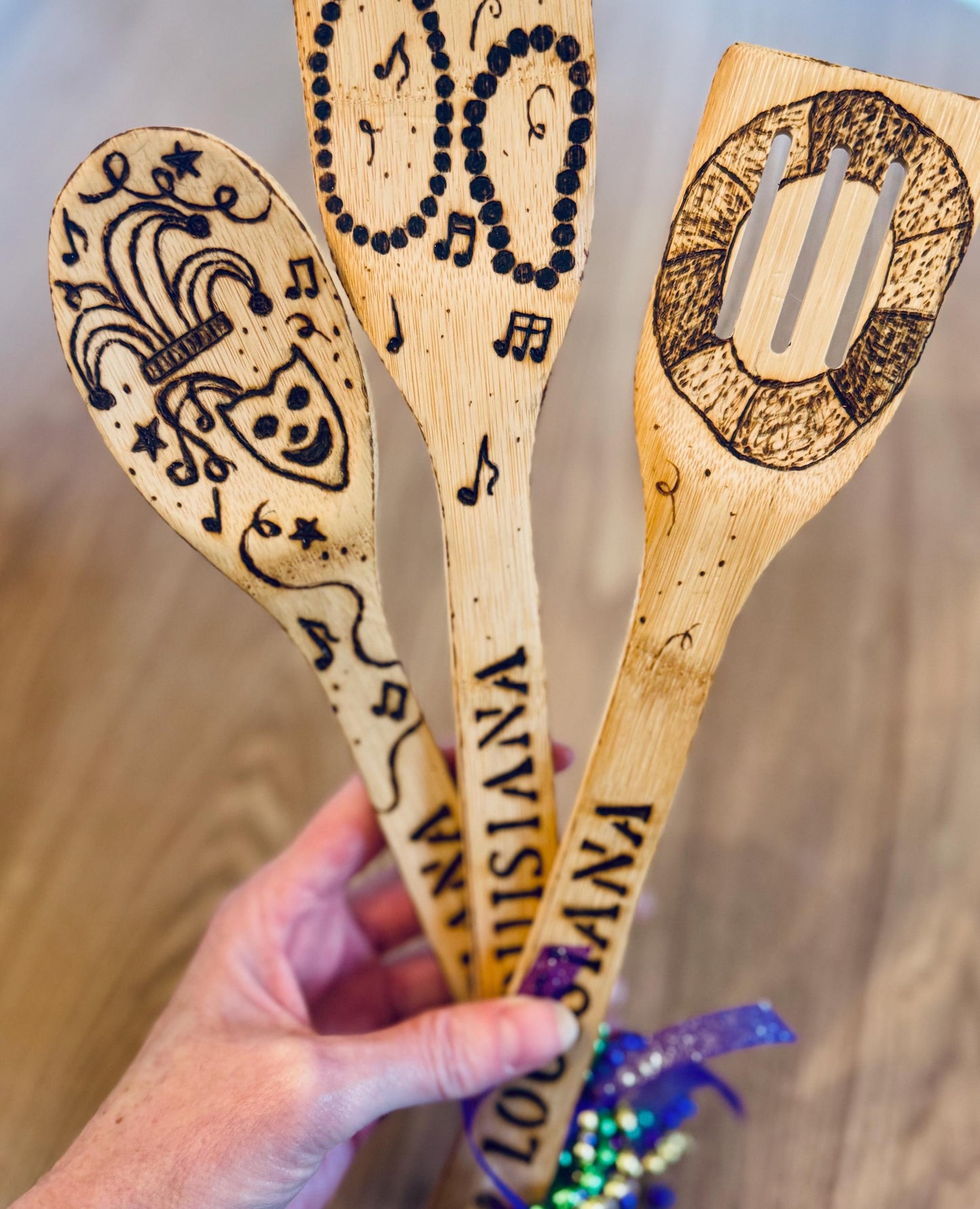 Mardi Gras Bamboo Utensil Set: Hand-Burned Louisiana Kitchen Decor