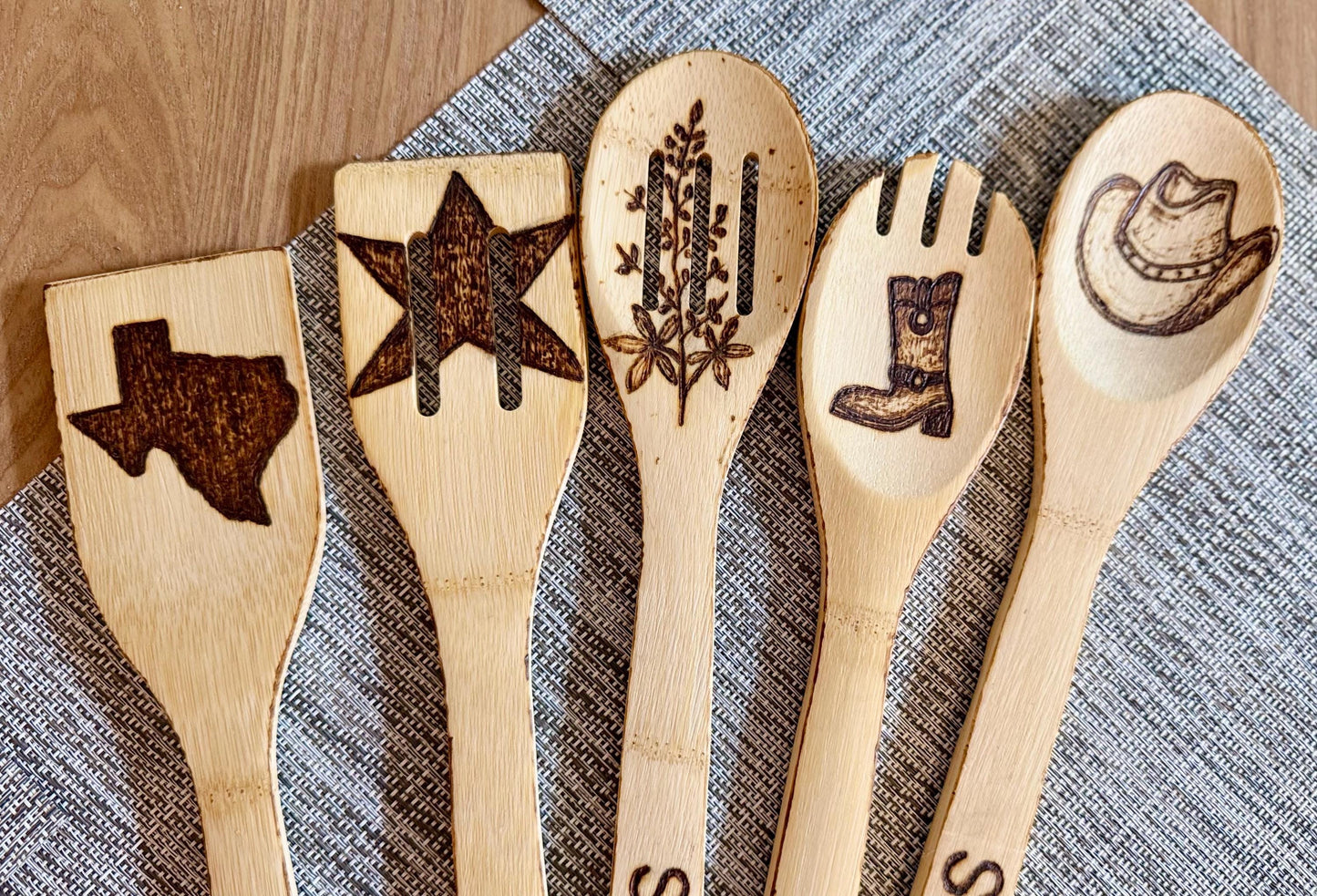 Custom Texas-Inspired Bamboo Cooking Utensil 5 Pc Set With Optional Personalization