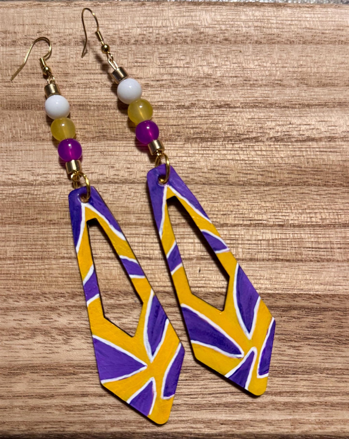 LSU Hand-Painted Purple And Gold Leather Dangle Earrings