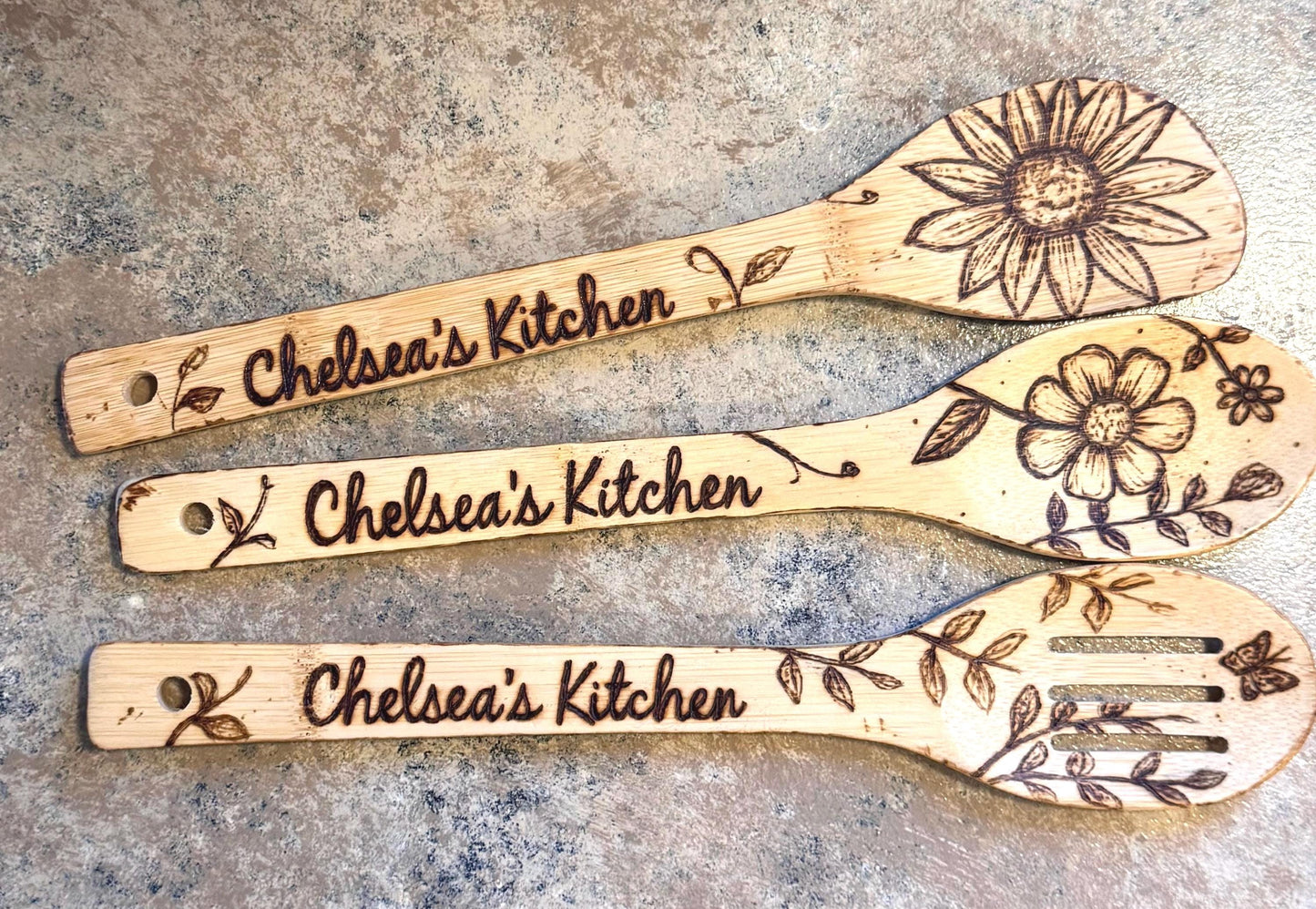 Personalized Hand-Engraved Bamboo Cooking Utensil 3 Piece Set, Custom Kitchen Gift Set, Wooden Cooking Utensils With Floral Engraved Design