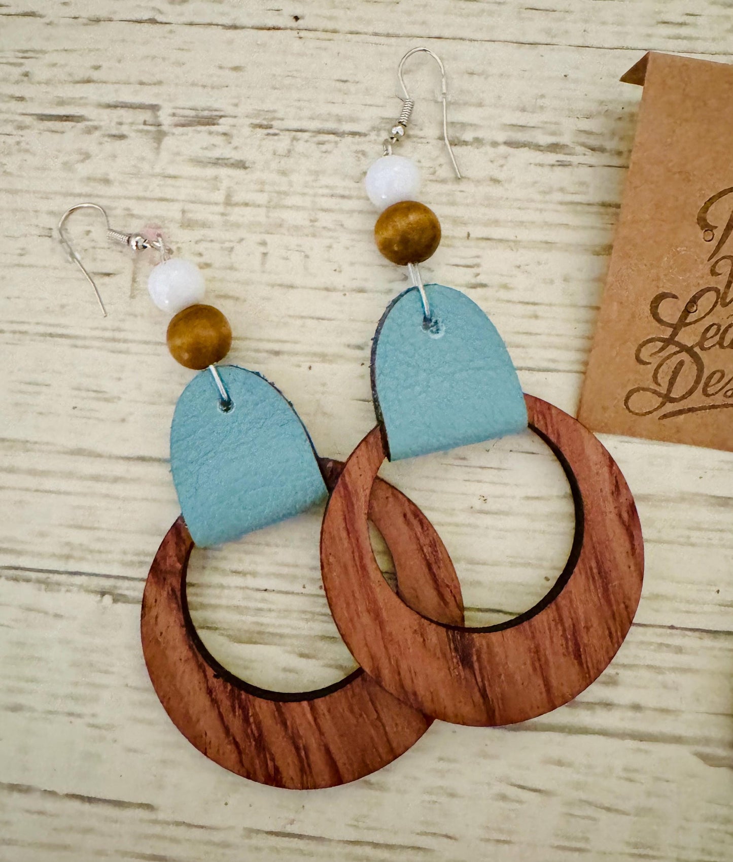 Handmade Wood Hoop Earrings: Boho Leather & Bead Dangle Earrings