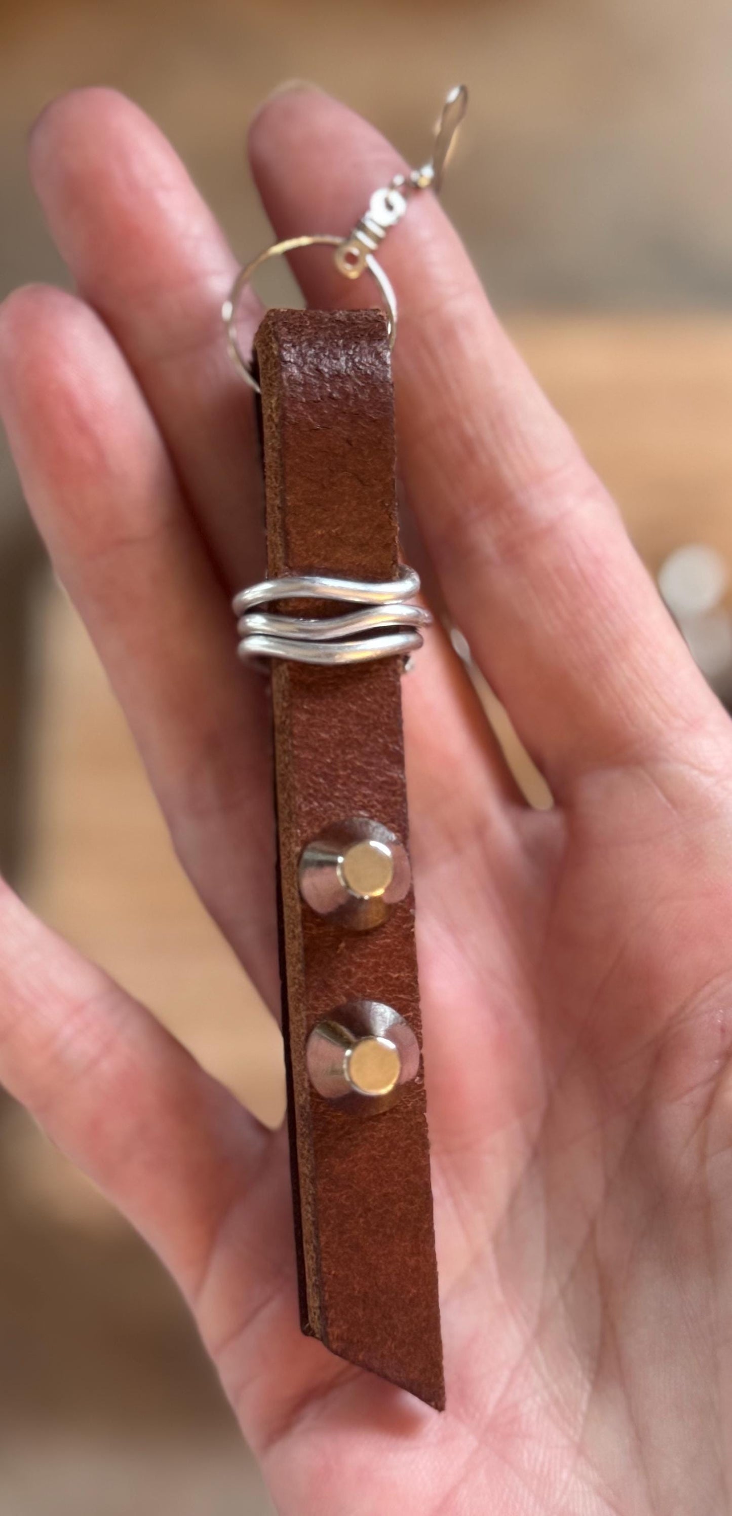 Studded Brown Leather Strip Earrings Wrapped With Silver Wire