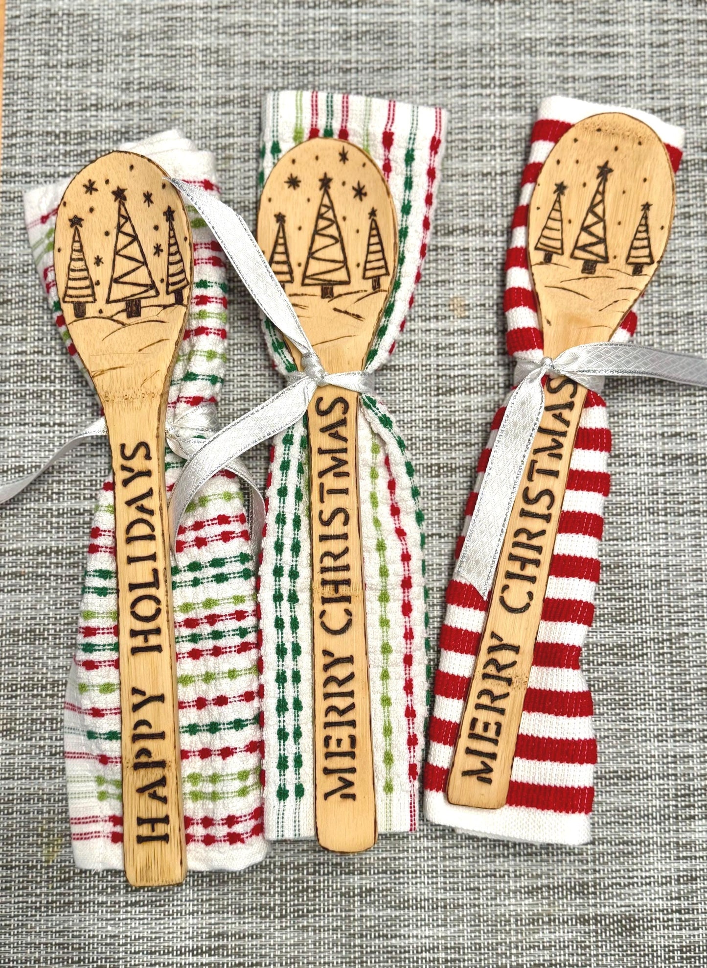 Personalized Christmas Kitchen Gift Set: Wood Burned Spoon & Dish Towel