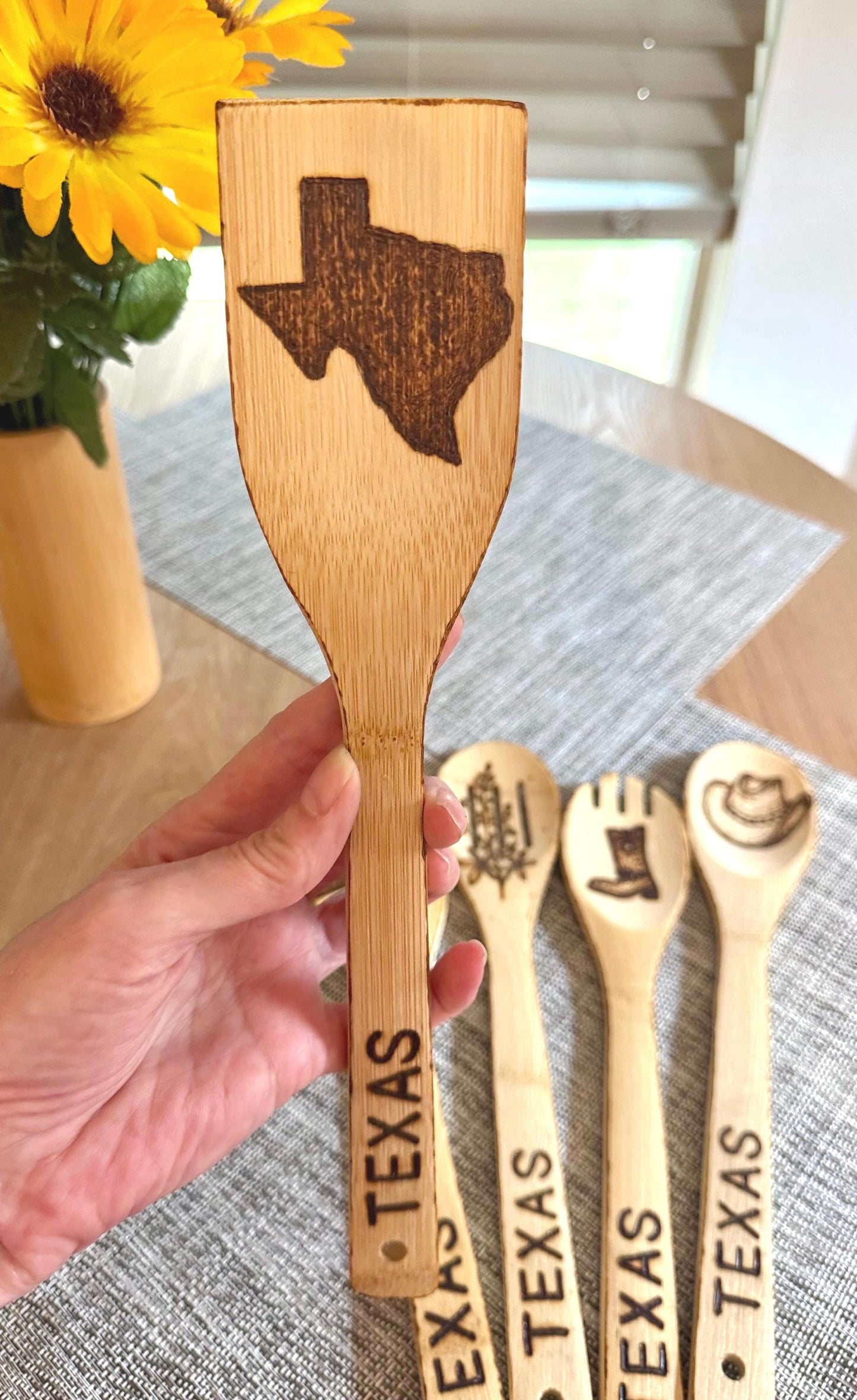 Custom Texas-Inspired Bamboo Cooking Utensil 5 Pc Set With Optional Personalization