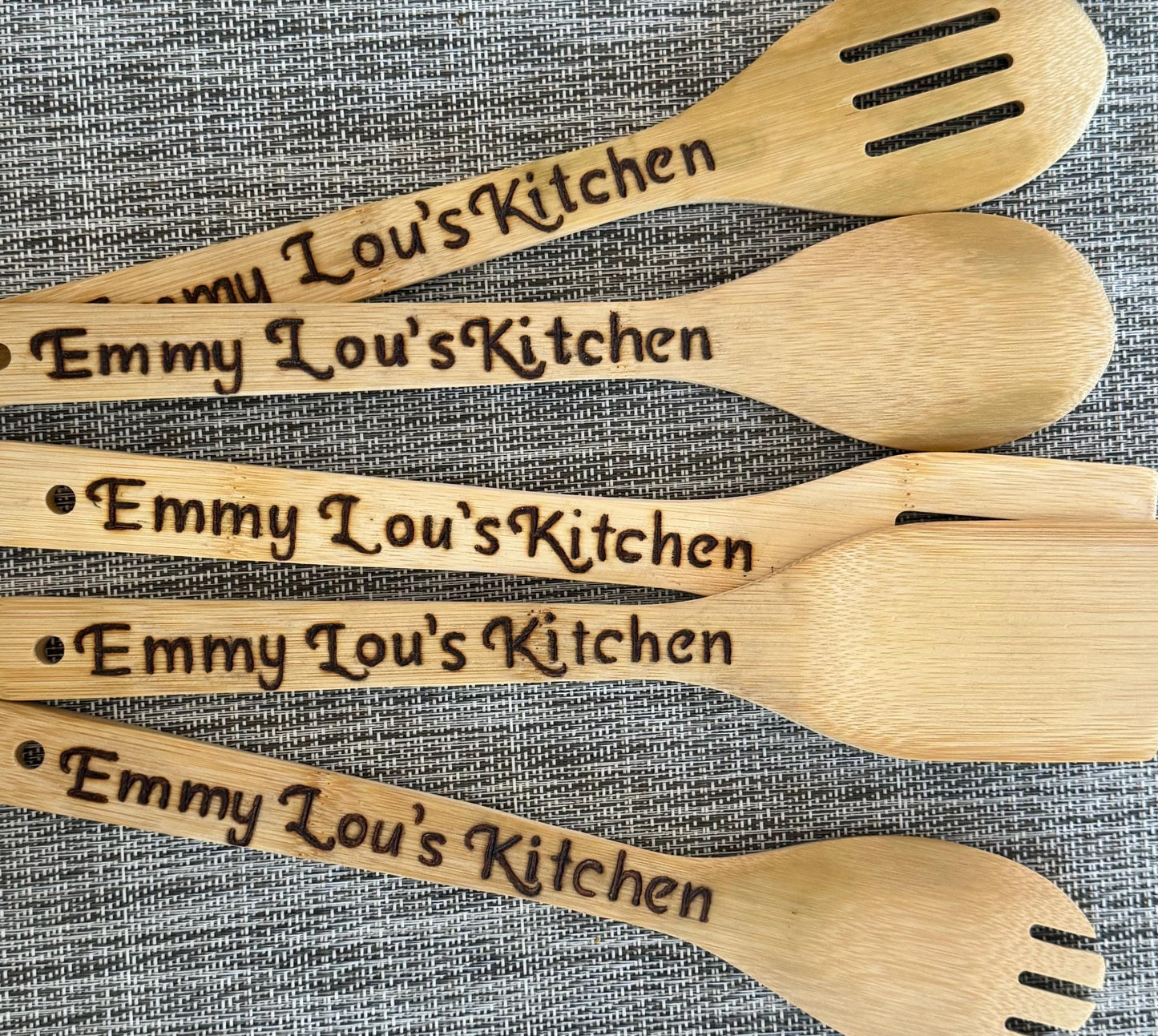 Custom Engraved Bamboo Cooking Utensil Set: Hand-Burned Coffee Design