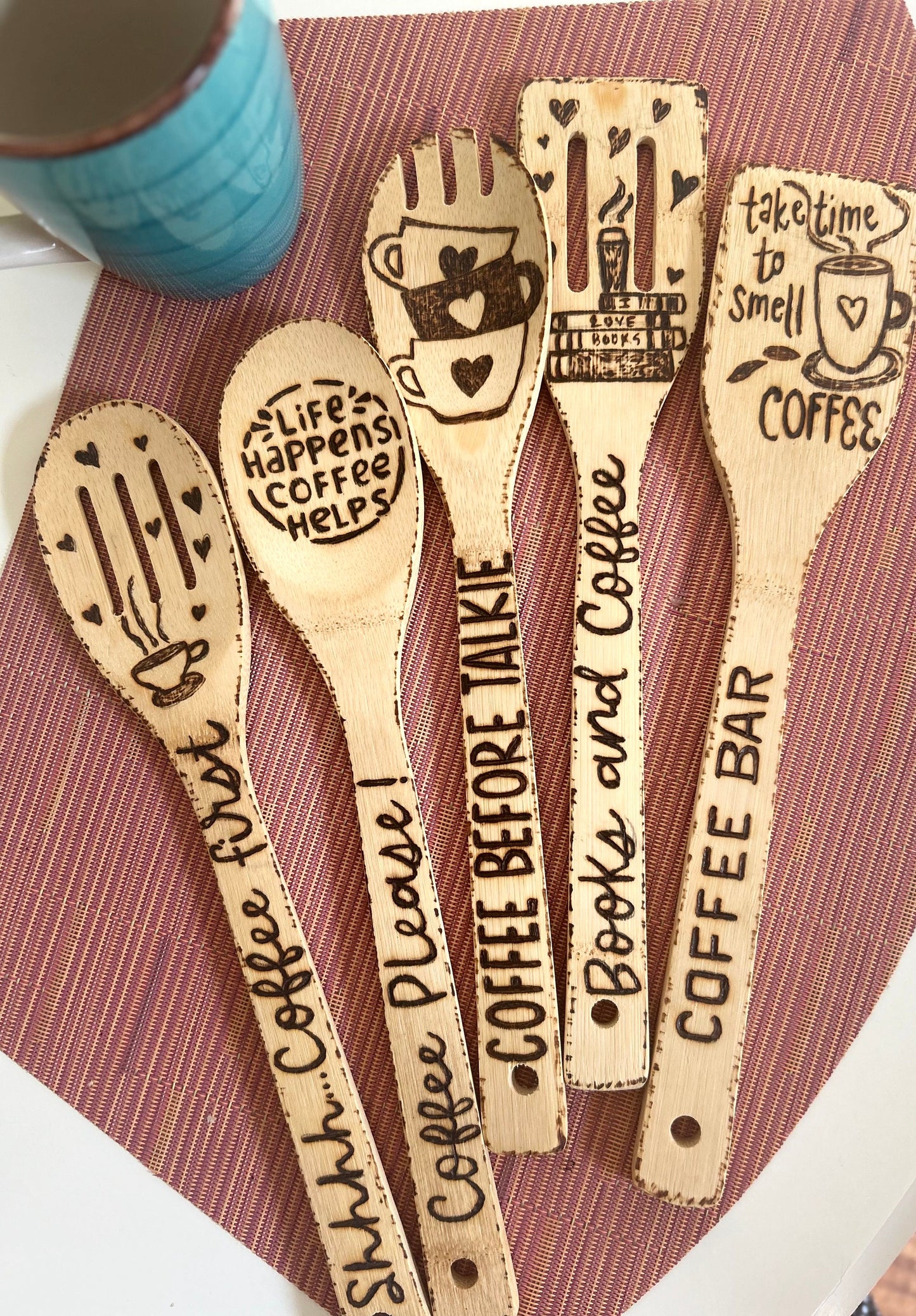 Custom Engraved Bamboo Cooking Utensil Set: Hand-Burned Coffee Design