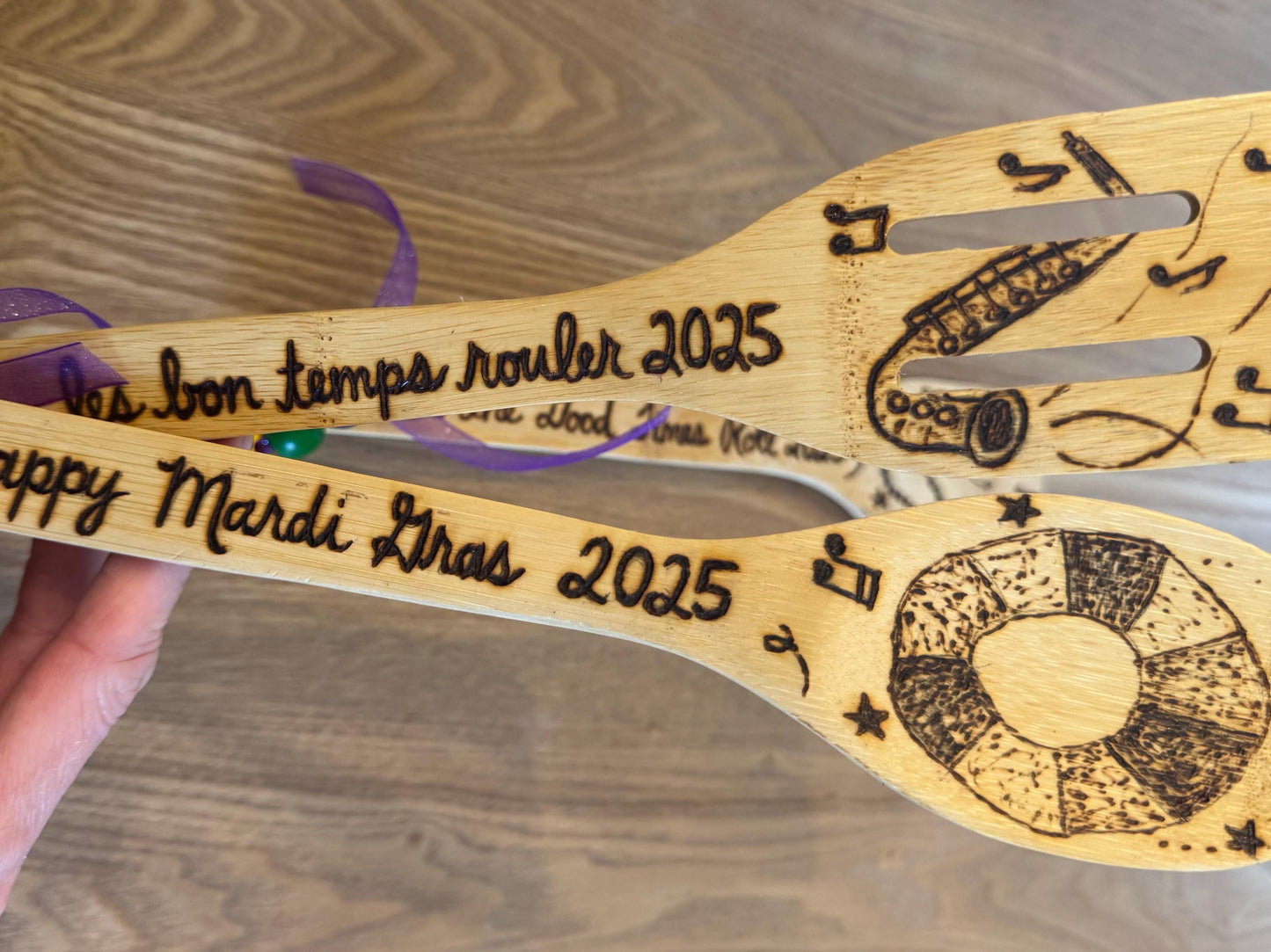 Mardi Gras Bamboo Utensil Set: Hand-Burned Louisiana Kitchen Decor