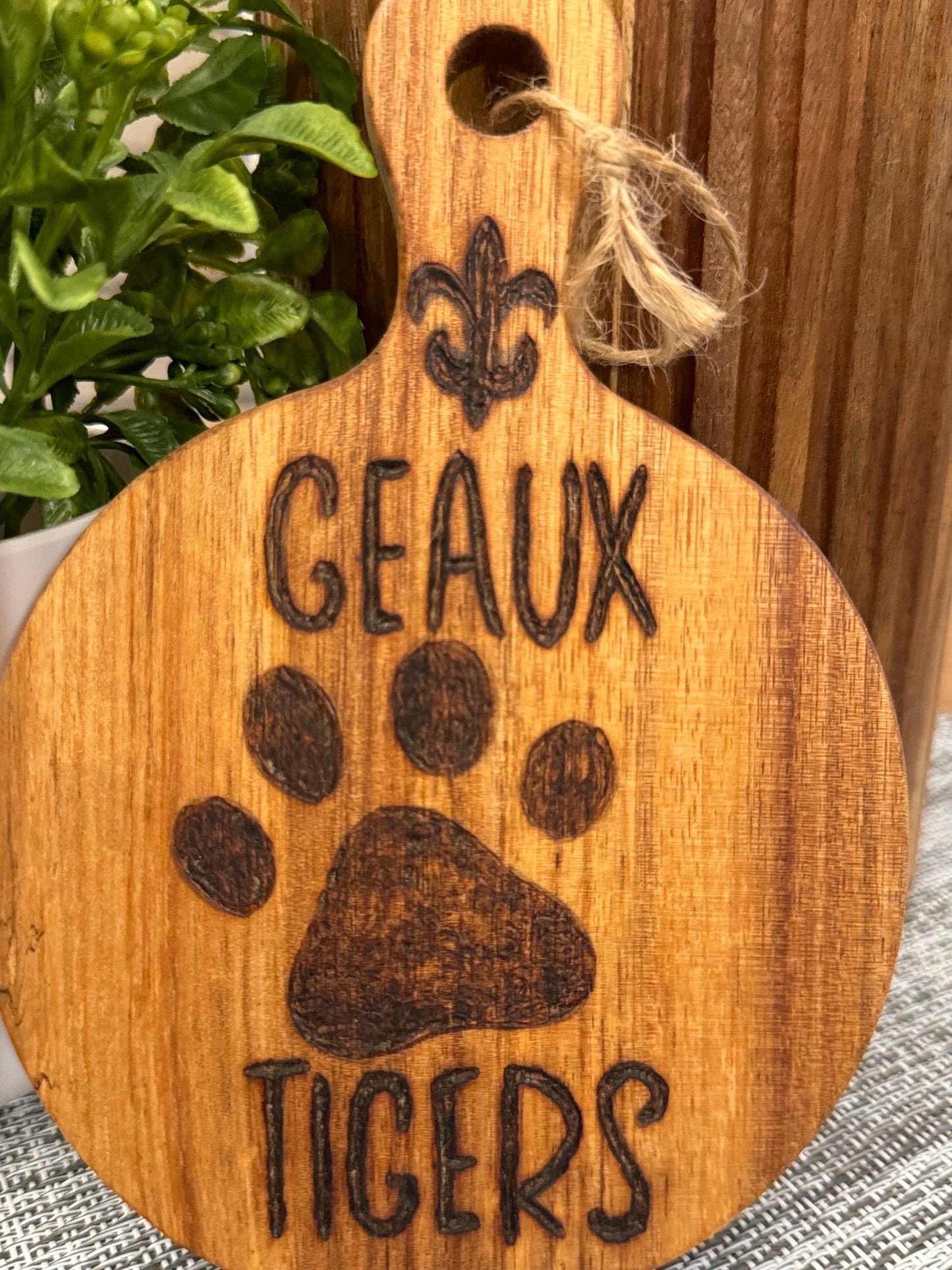 LSU-Themed Mini Cutting Board; Geaux Tigers Acacia Wood Charcuterie Board