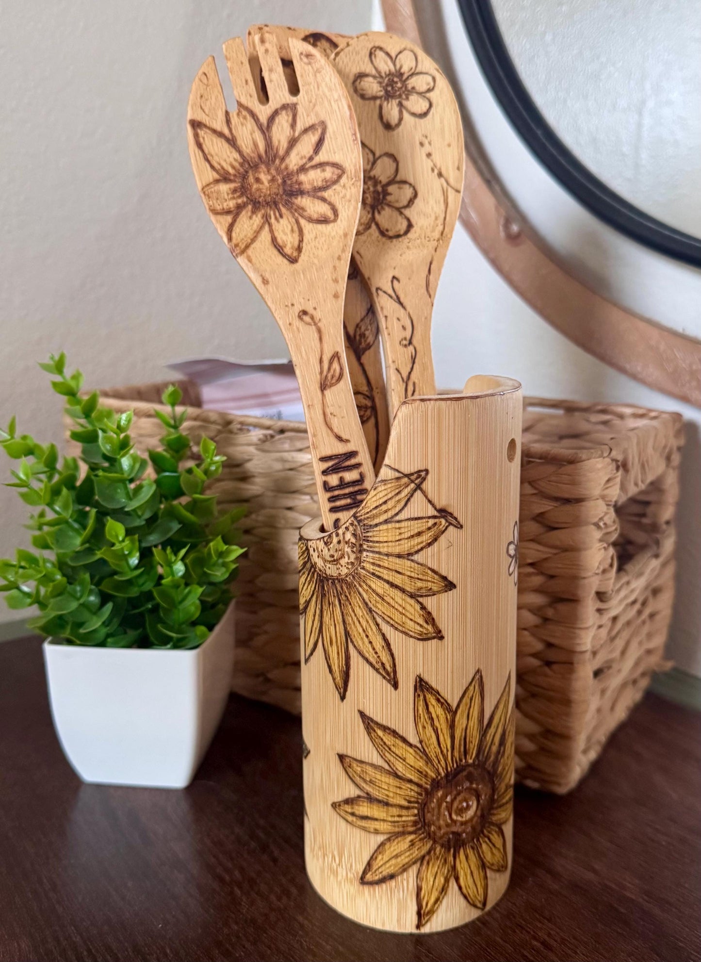 Custom Engraved Floral Bamboo Cooking Utensil 3 Pc Set With Optional Personalization