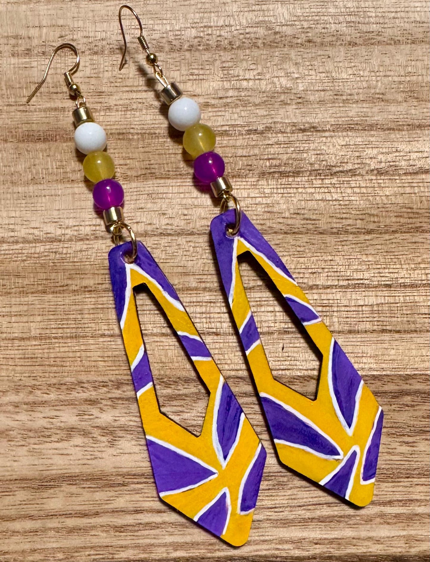 LSU Hand-Painted Purple And Gold Leather Dangle Earrings