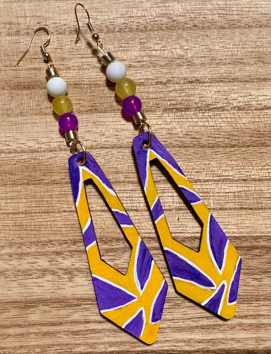 LSU Hand-Painted Purple And Gold Leather Dangle Earrings