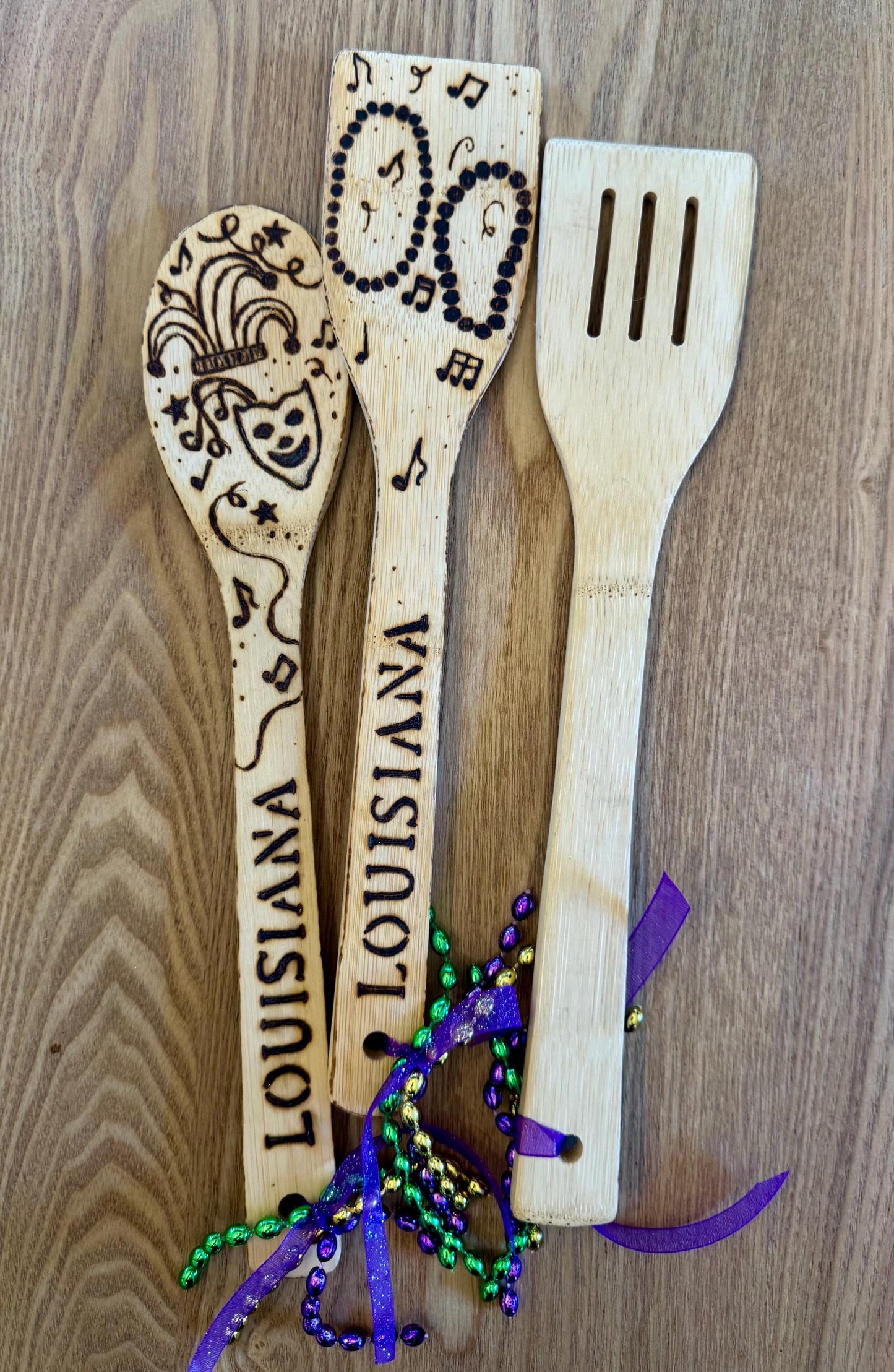 Mardi Gras Bamboo Utensil Set: Hand-Burned Louisiana Kitchen Decor