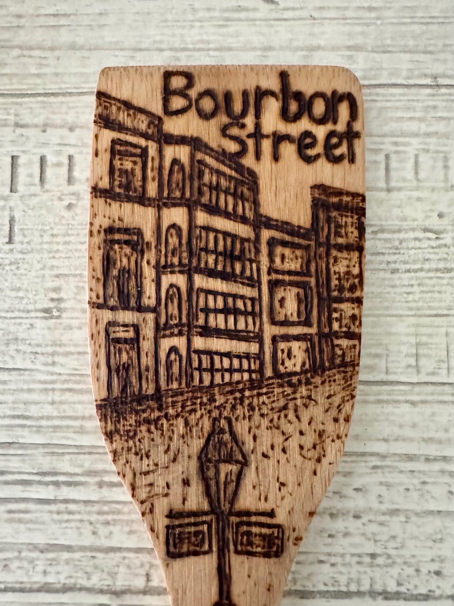 Custom Engraved Bamboo Wooden Spatula: Hand-Wood Burned Bourbon Street Scene, New Orleans, Louisiana Art And Gifts