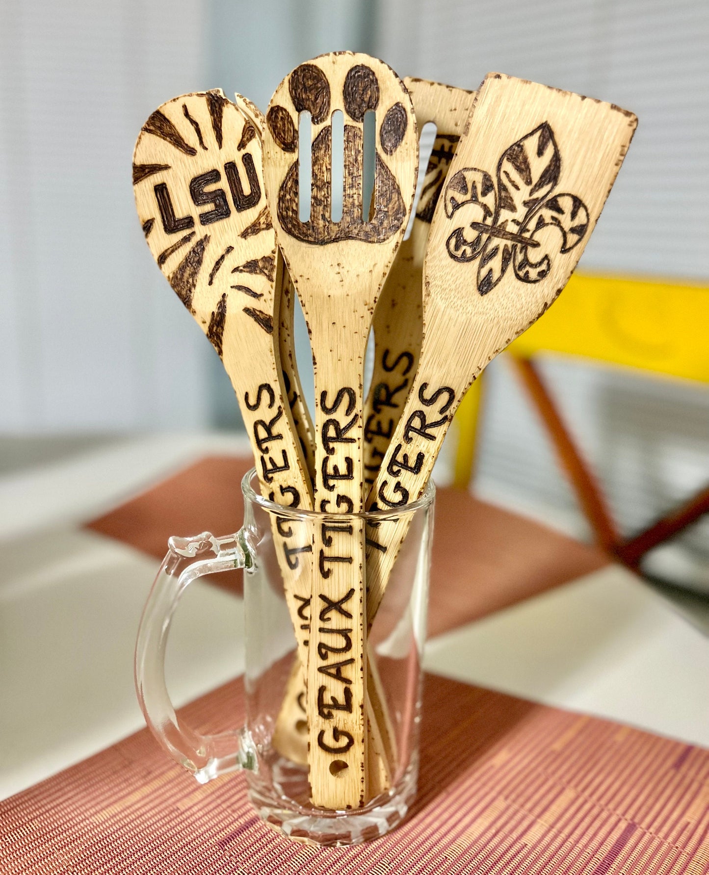 LSU-Inspired Utensil Set: Custom Engraved Bamboo Cooking Utensil 5 Pc Set With Optional Personalization